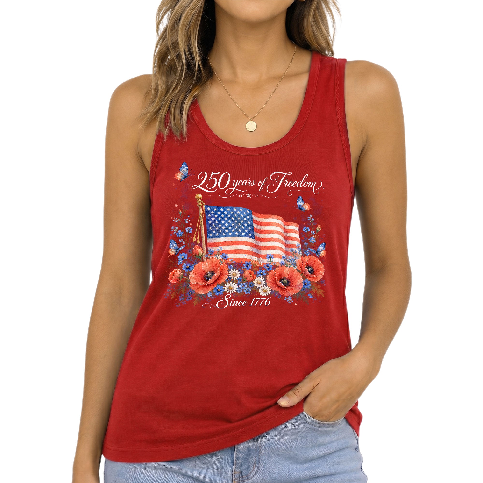 Women's Patriotic Tank Top 250 Years of Freedom Floral US Flag 1776 Graphic Shirt