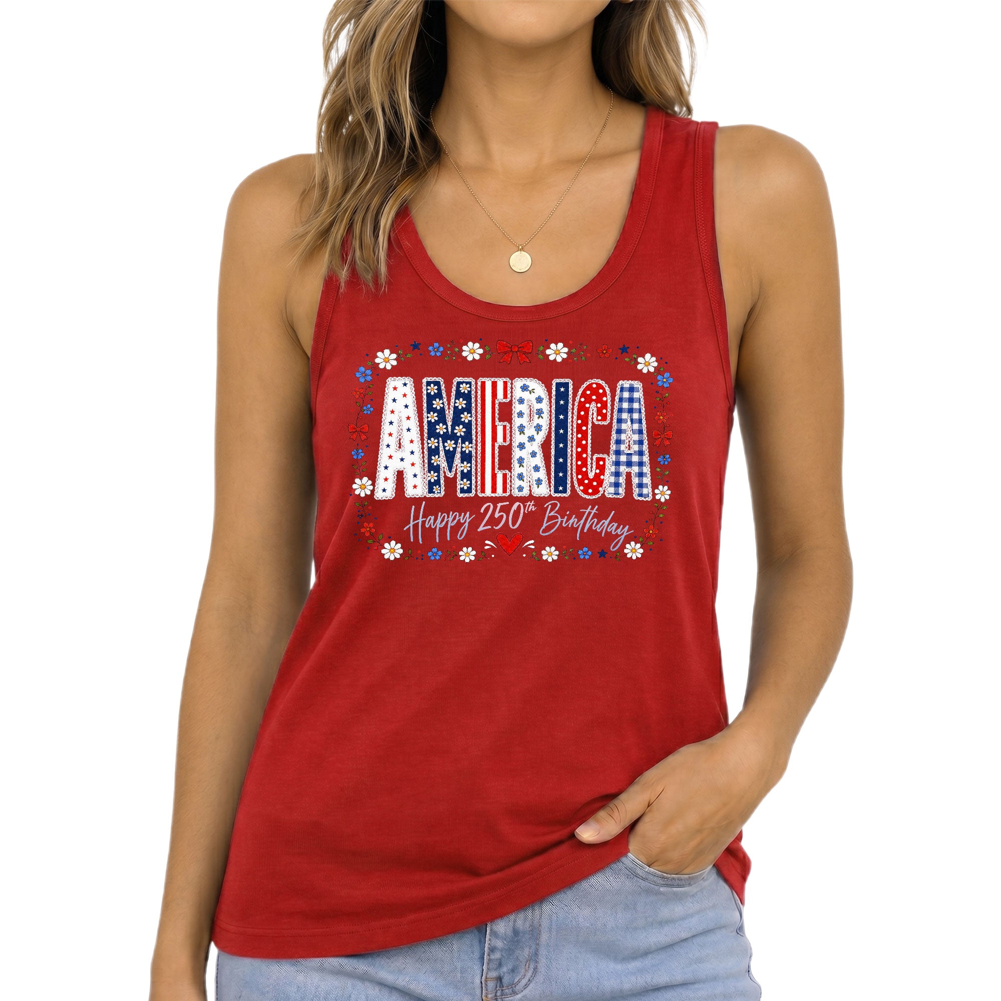 Women's Patriotic Tank Top America Happy 250th Birthday Floral Graphic Summer Shirt