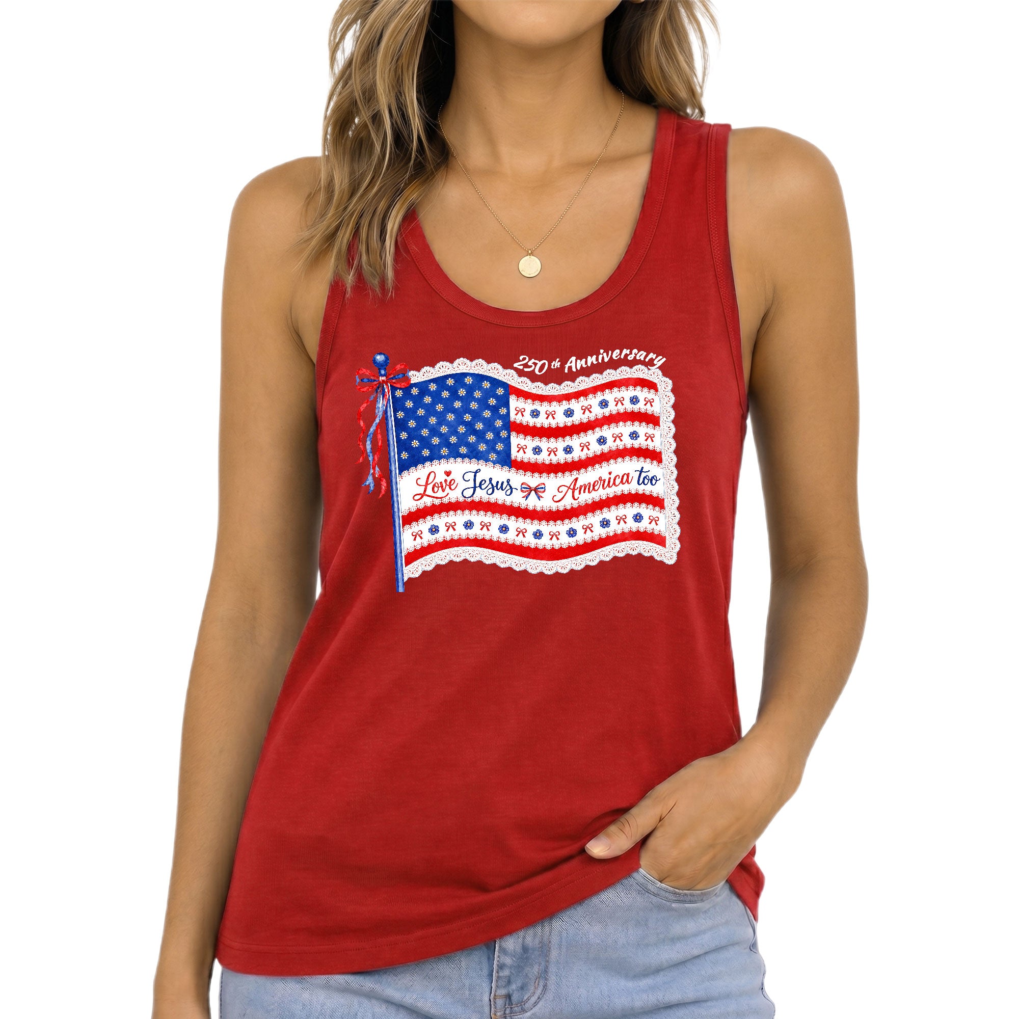 Women's Patriotic Tank Top "Love Jesus & America Too" 250th Anniversary Flag Shirt