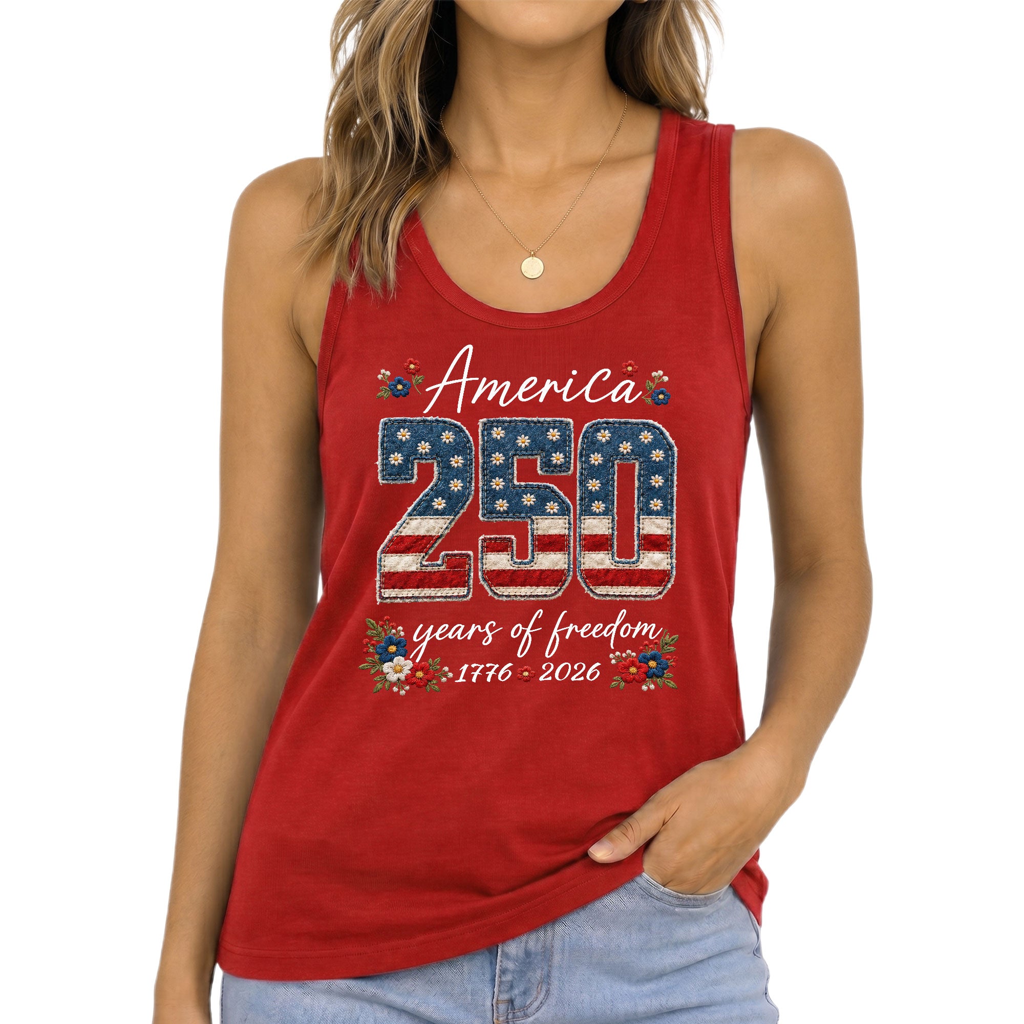 Floral America 250 Years of Freedom Tank Top Women's US Anniversary Graphic Shirt