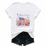 American Flag Floral V-Neck Shirt - 250 Years of Freedom Patriotic Graphic Tee Women