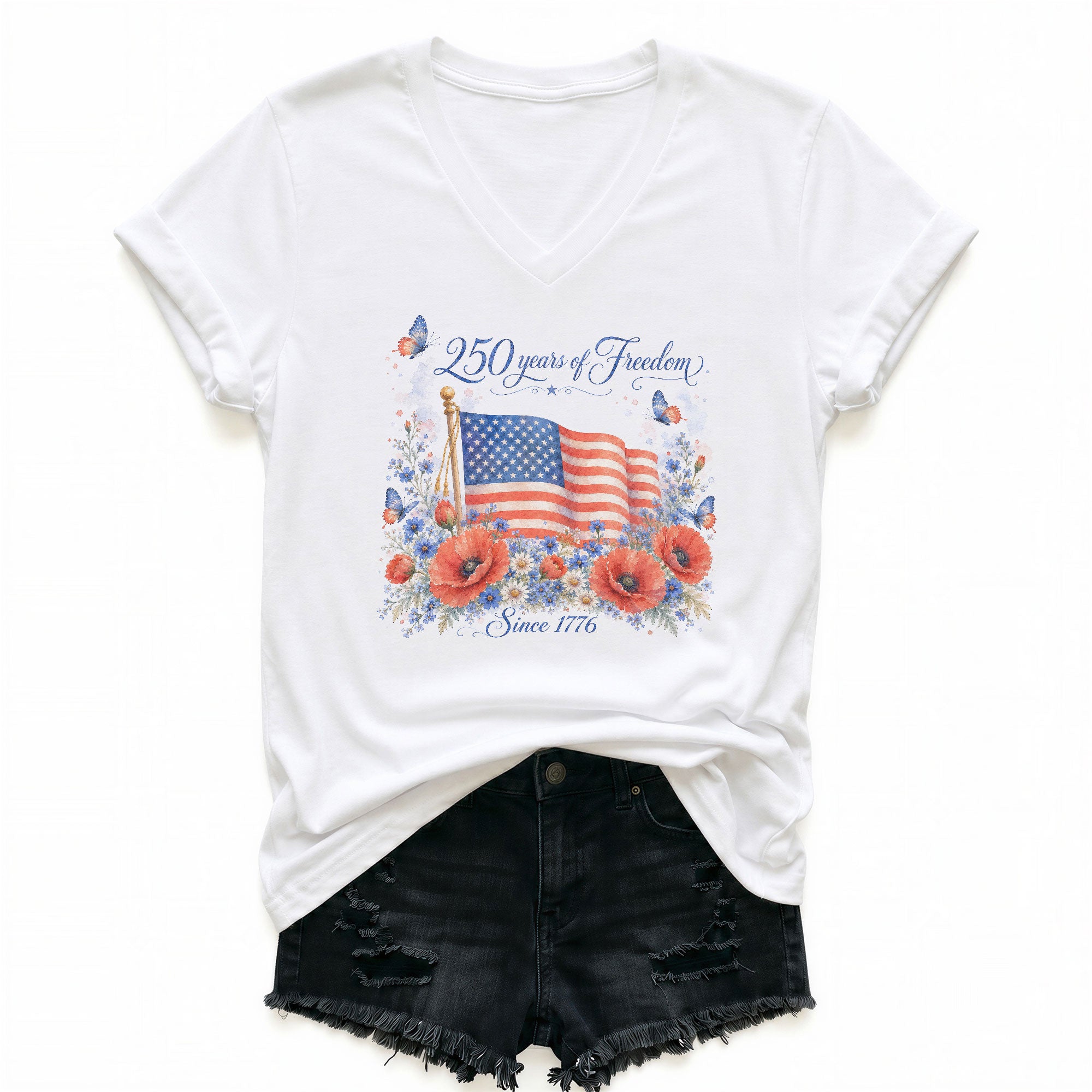 American Flag Floral V-Neck Shirt - 250 Years of Freedom Patriotic Graphic Tee Women