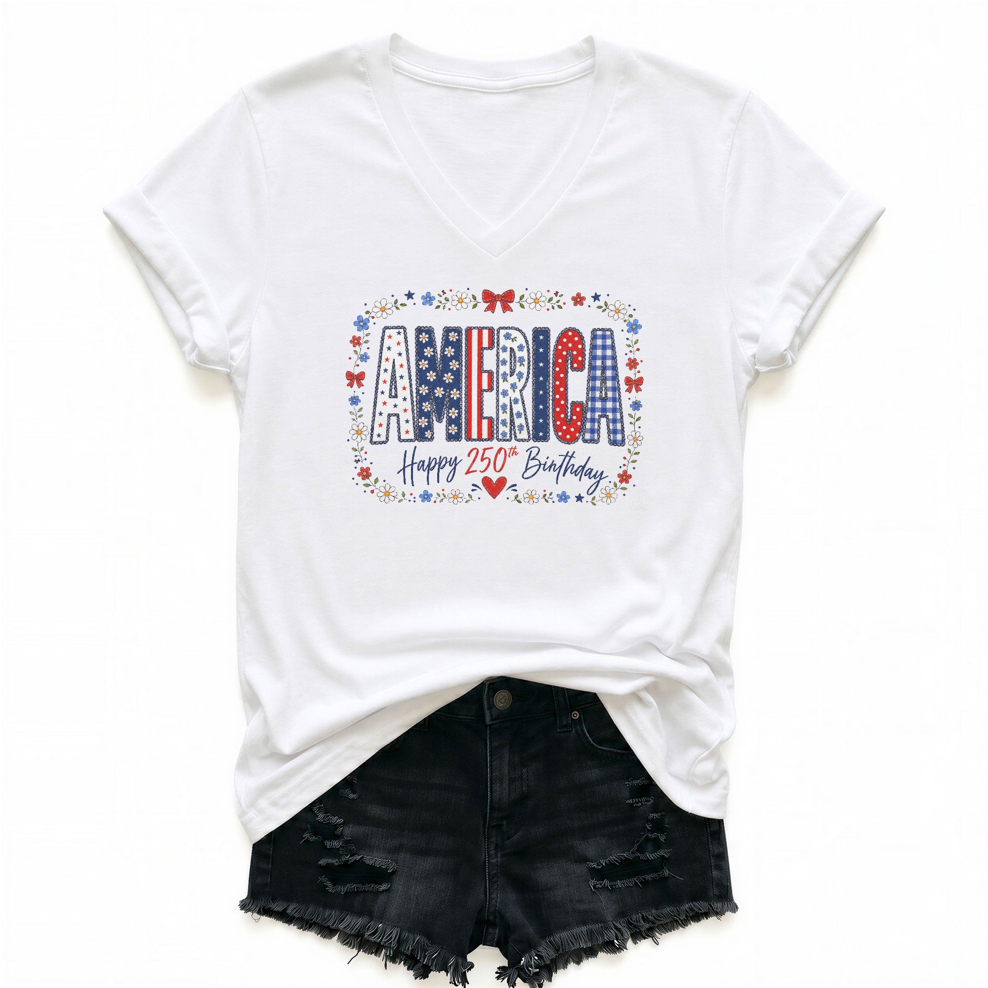 Happy 250th Birthday V-Neck Shirt - Patriotic American Flag Pattern Graphic Tee Women