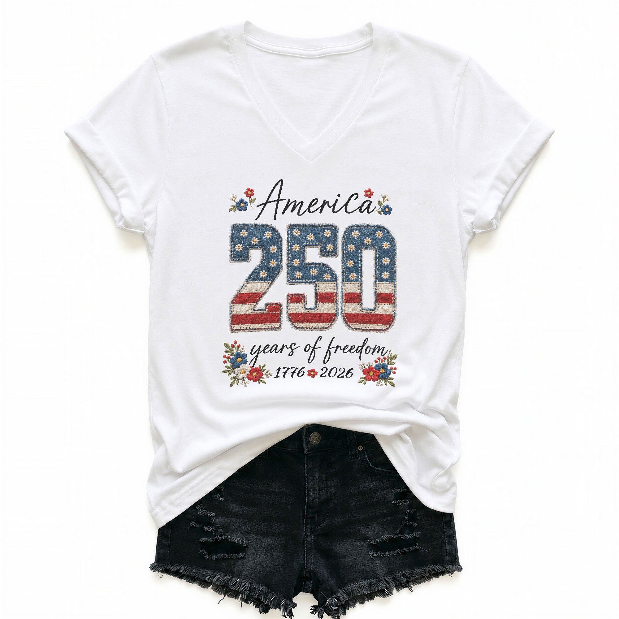 250 Years of Freedom V-Neck Shirt - Patriotic 1776-2026 American Graphic Tee Women