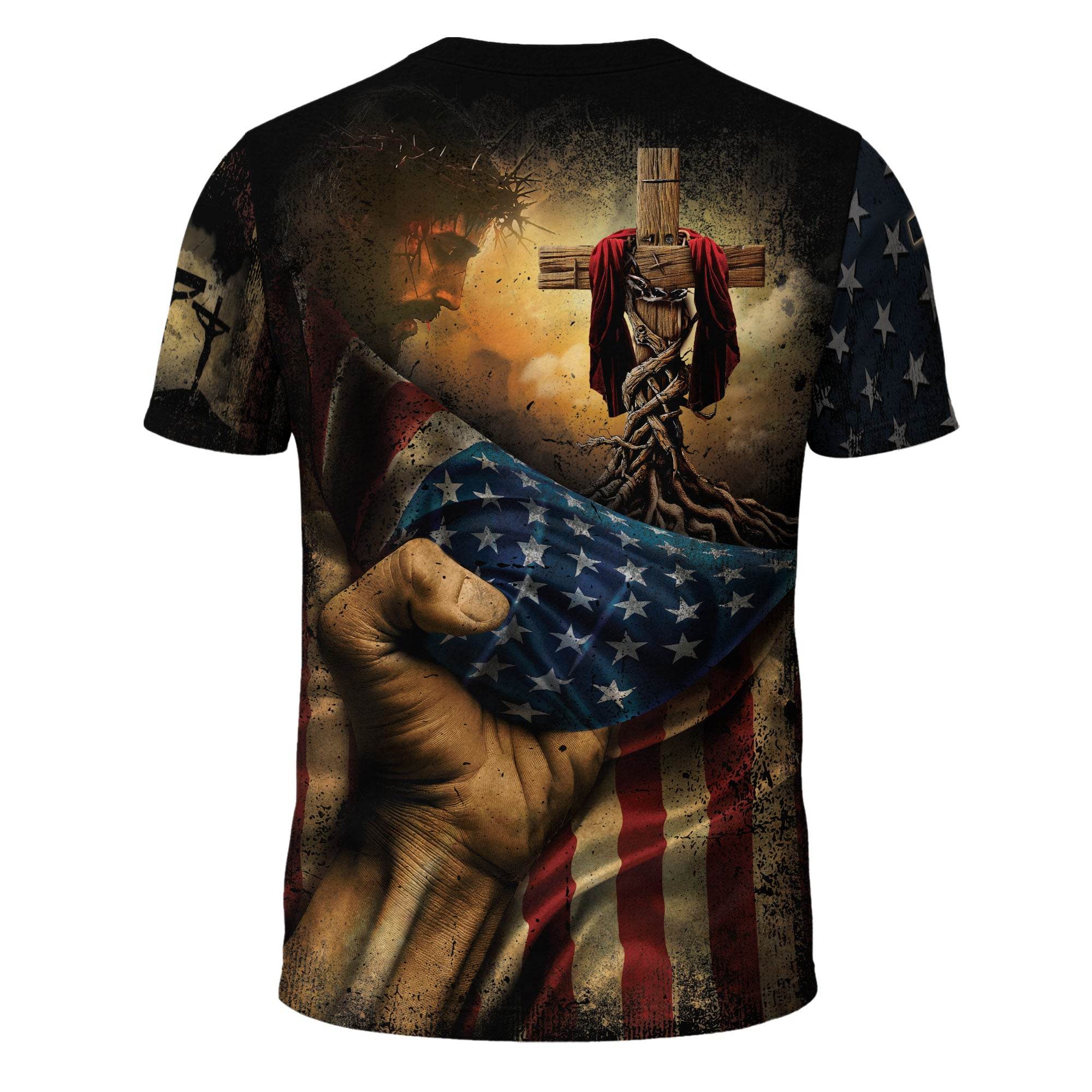 Rooted in Christ | Full Colossians 2:7 Cross & American Flag Tee - Rust Field Wear