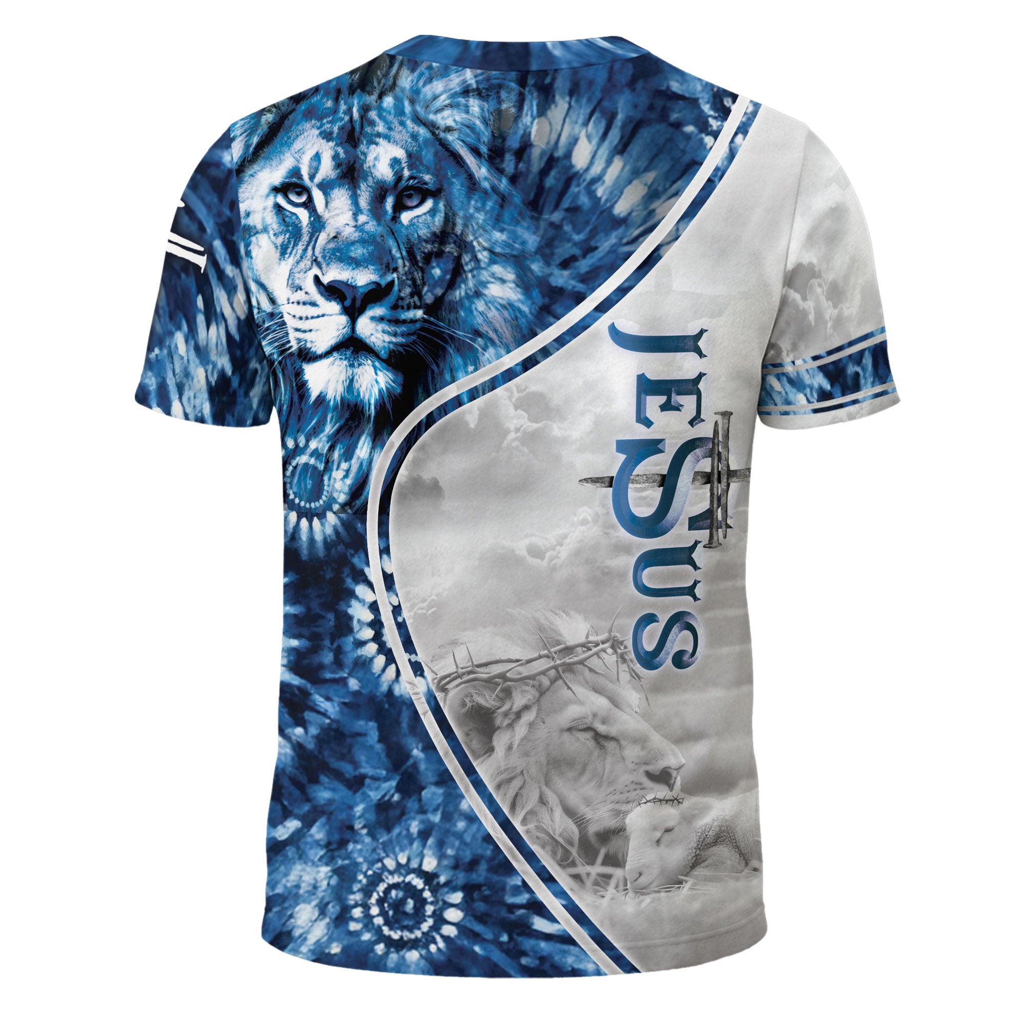 Faith Over Fear & Jesus Lion Cross T-Shirt – Christian Courage in Blue