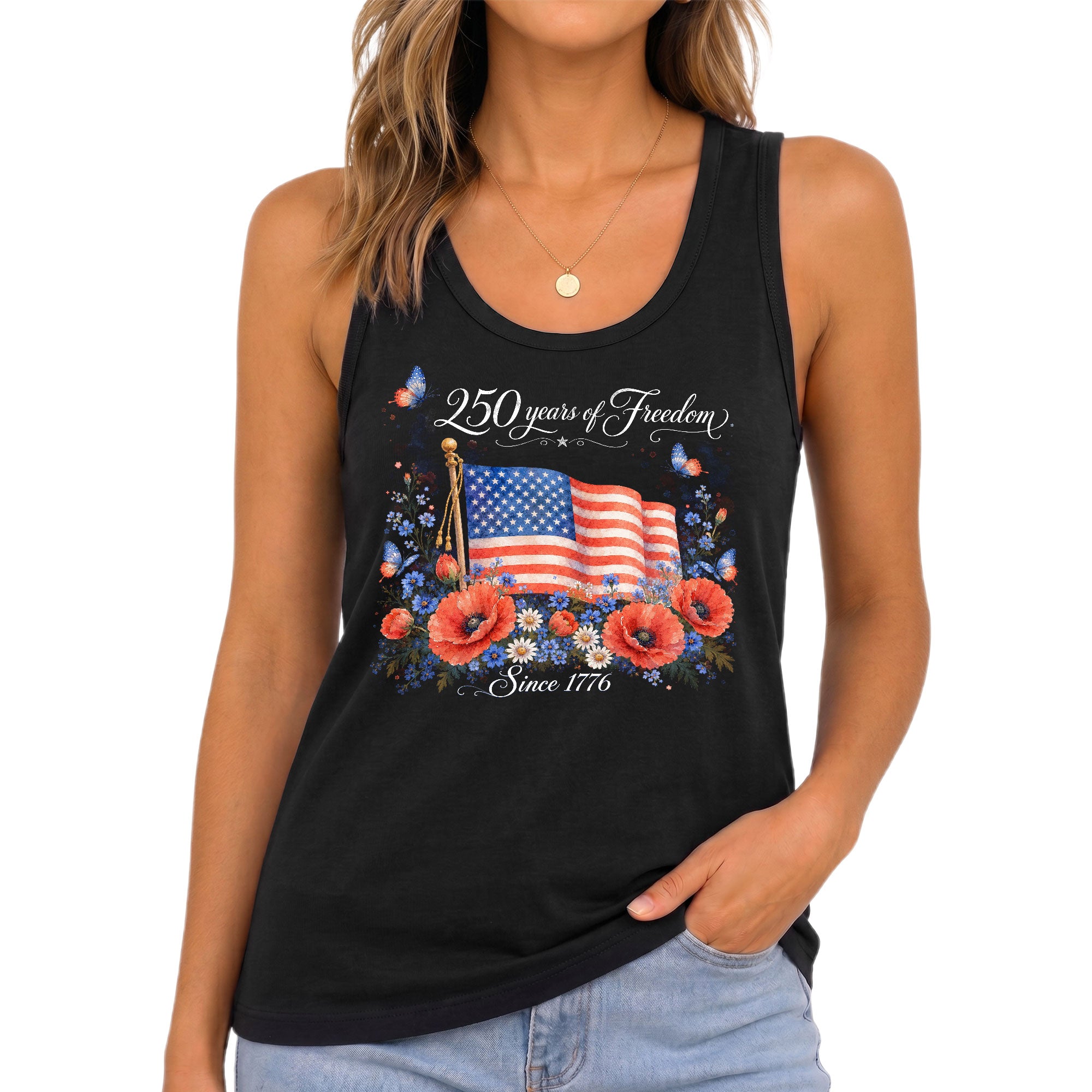 Women's Patriotic Tank Top 250 Years of Freedom Floral US Flag 1776 Graphic Shirt