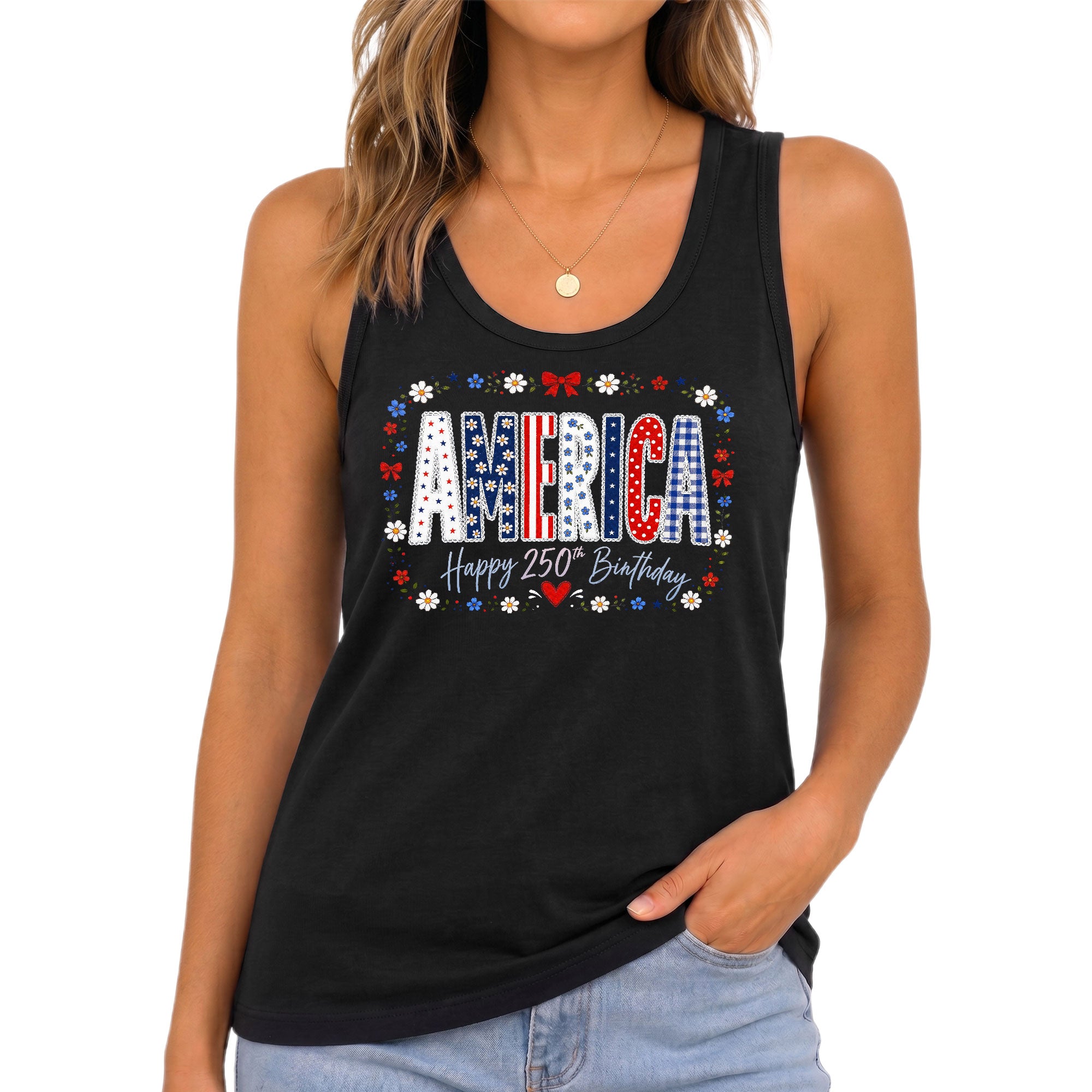 Women's Patriotic Tank Top America Happy 250th Birthday Floral Graphic Summer Shirt