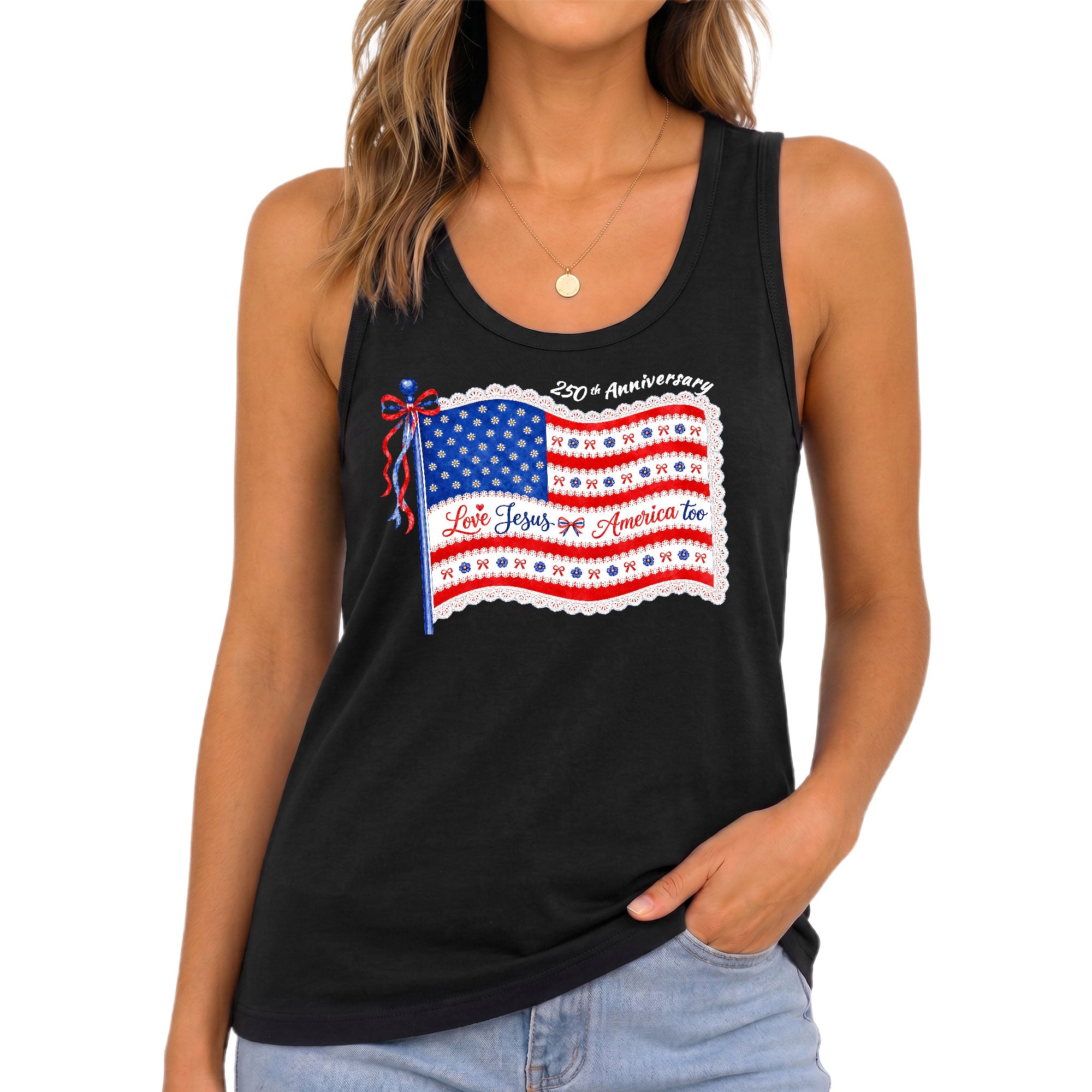 Women's Patriotic Tank Top "Love Jesus & America Too" 250th Anniversary Flag Shirt