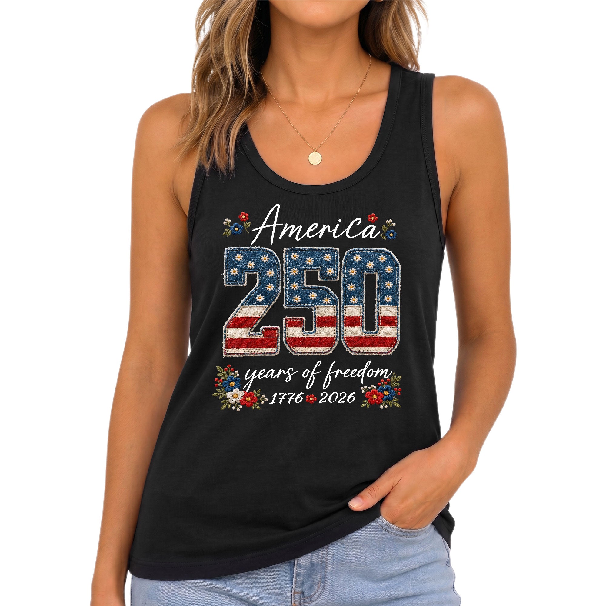 Floral America 250 Years of Freedom Tank Top Women's US Anniversary Graphic Shirt