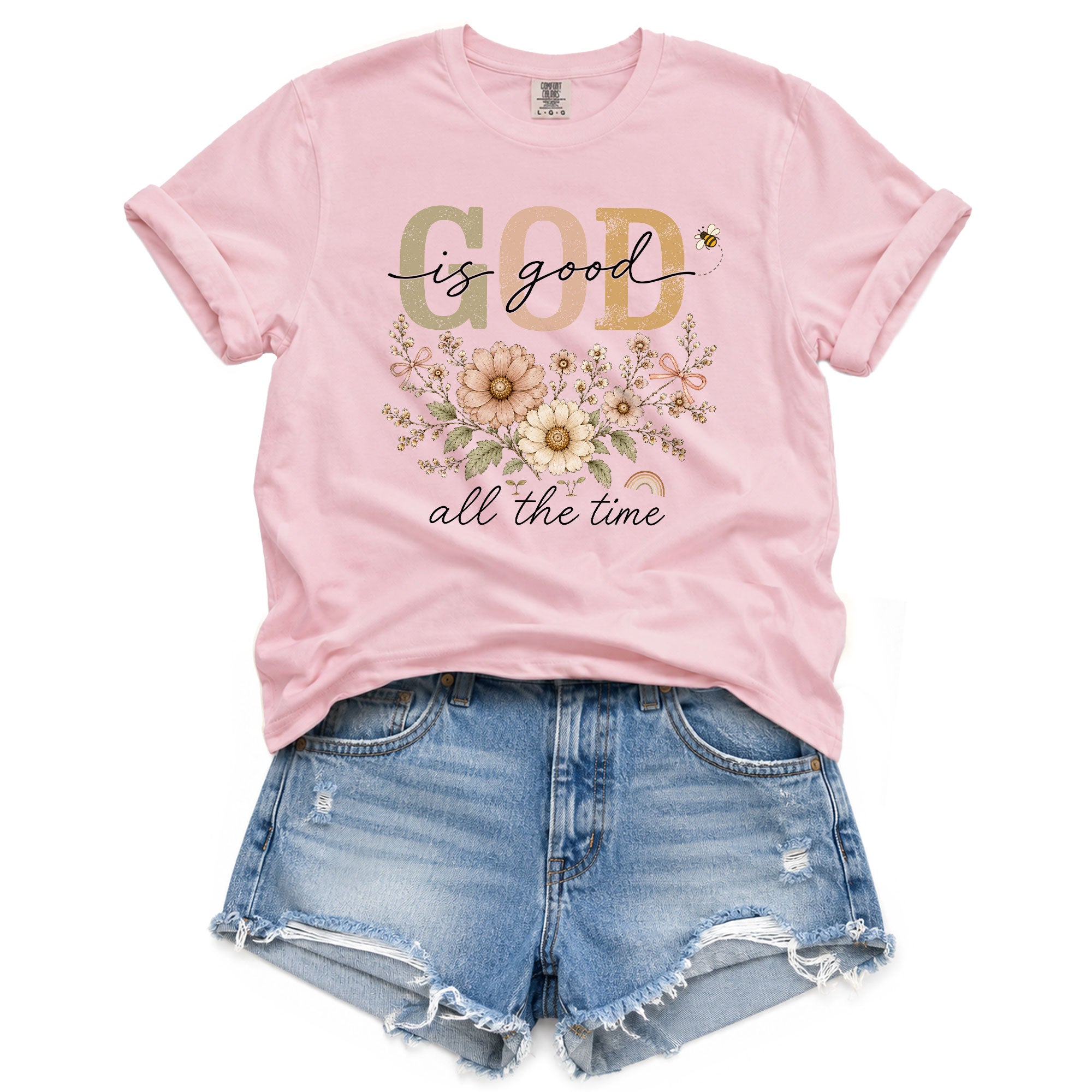 God Is Good All The Time T Shirt Christian Women Floral Bee Religious Tee Apparel