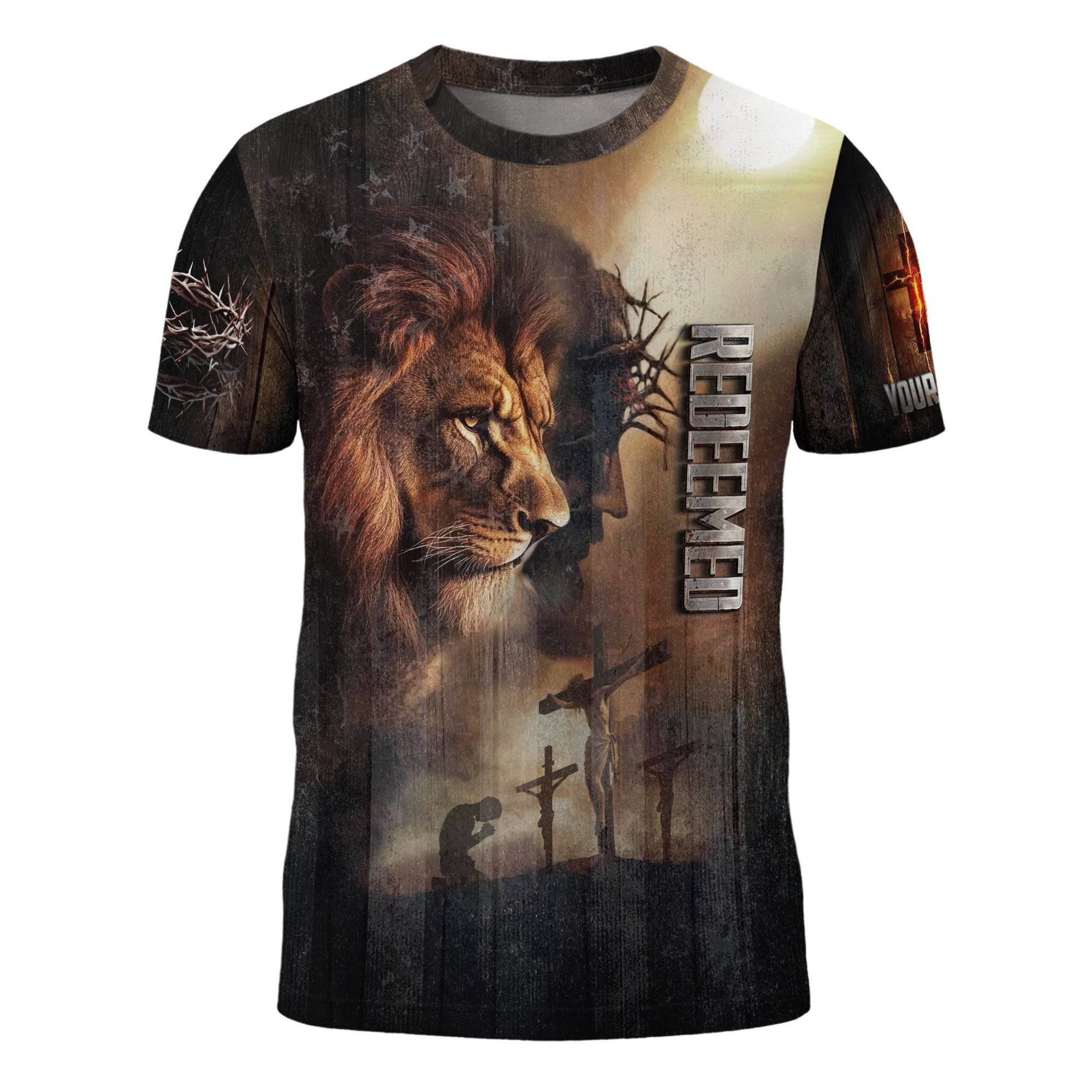 REDEEMED – Custom Lion of Judah & Crucifixion Christian T-Shirt - Rust Field Wear
