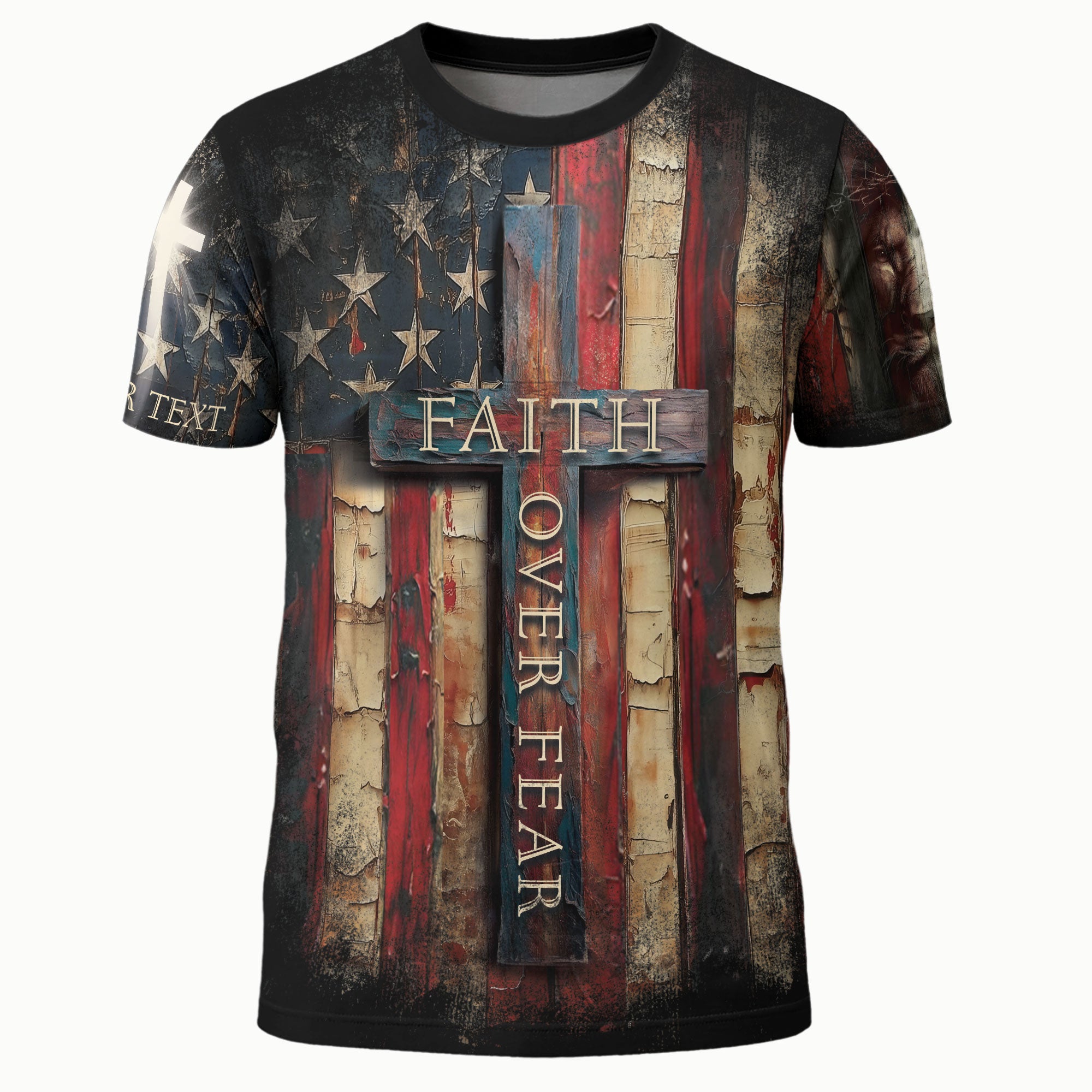 Custom Faith Over Fear Cross Shirt – Rustic American Flag Christian Tee