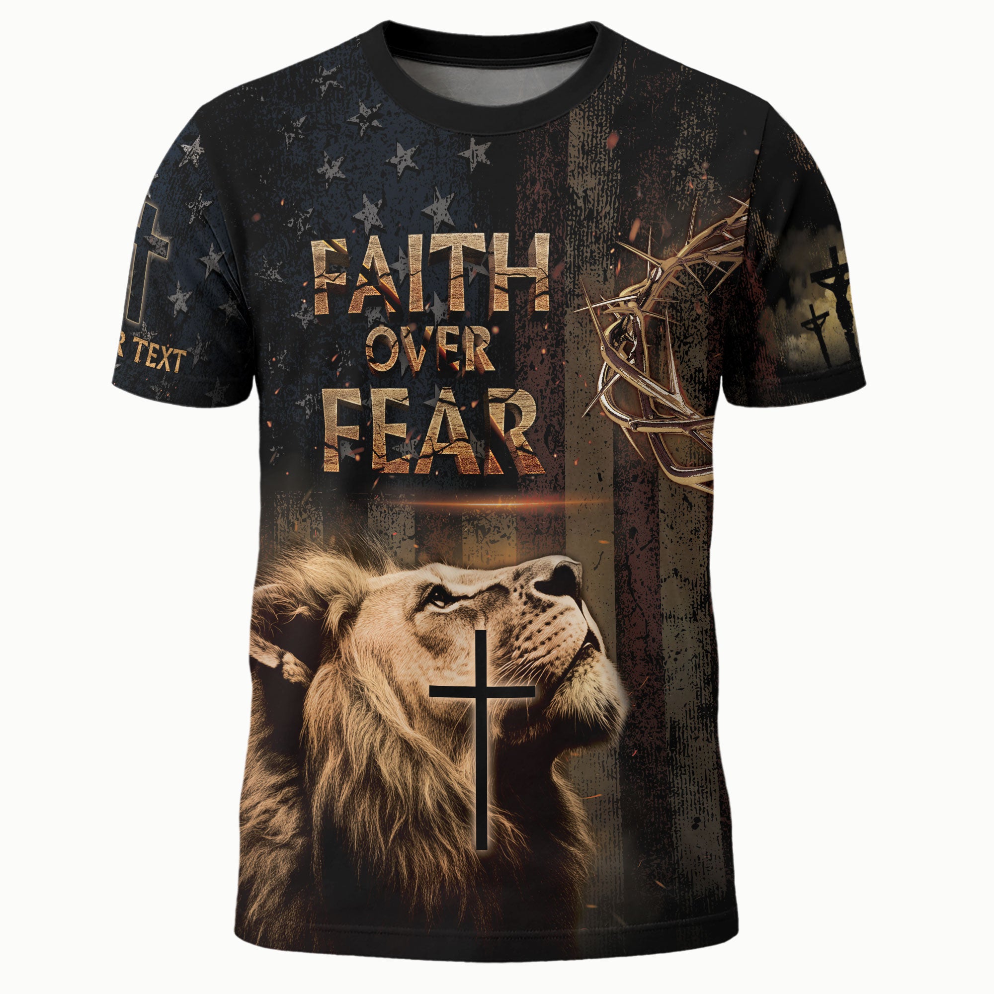 Custom Faith Over Fear T-Shirt – Lion, Cross & Crown of Thorns Christian Tee