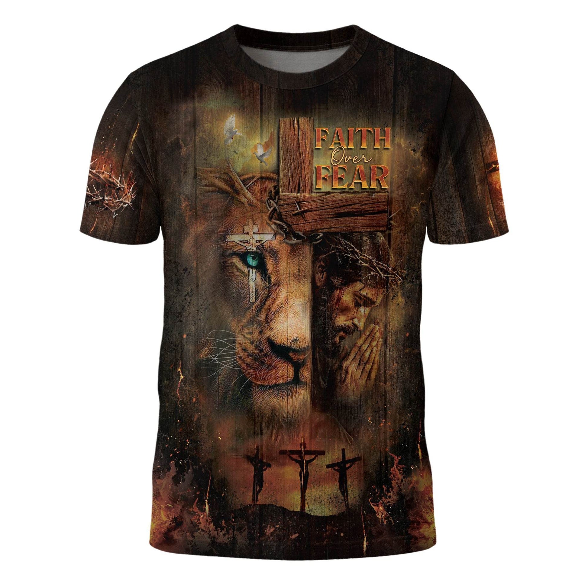 Faith Over Fear Lion & Cross Christian T-Shirt - Rust Field Wear