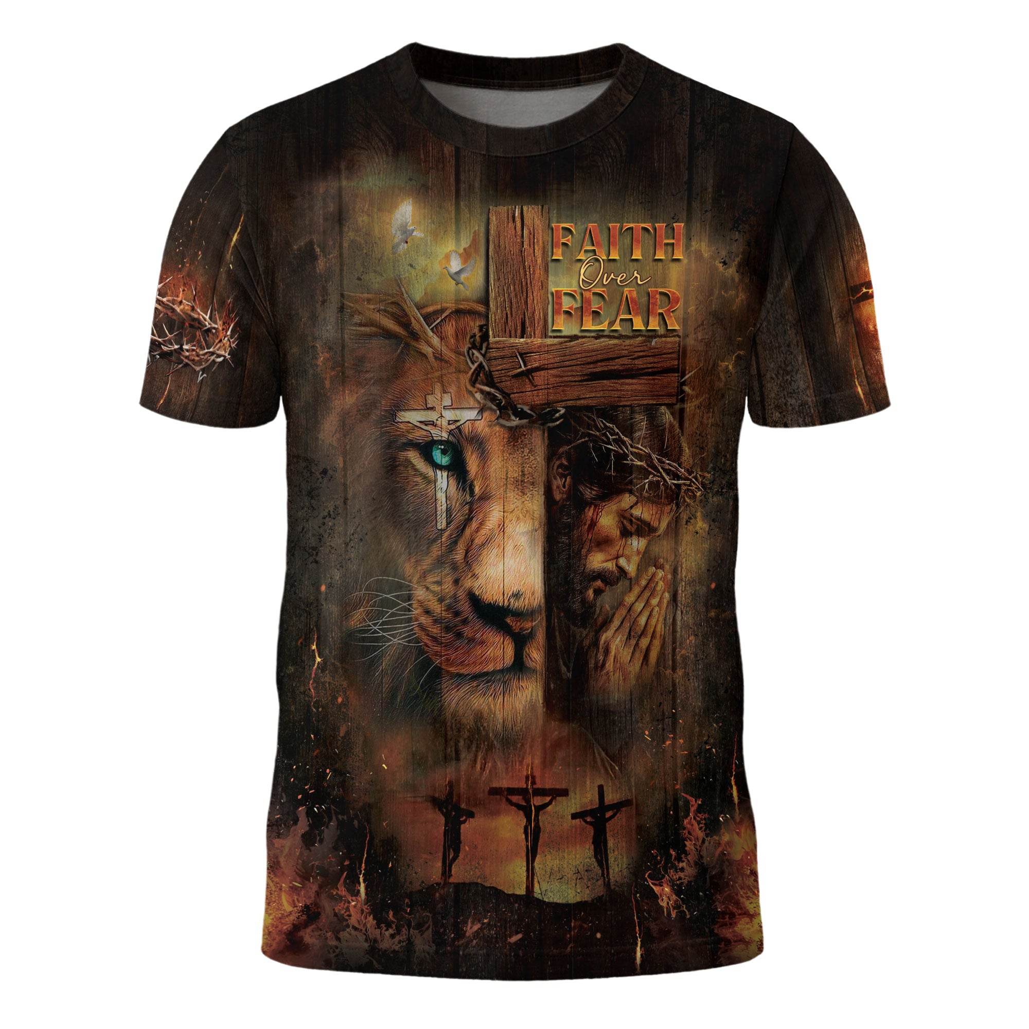 Faith Over Fear Lion & Cross Christian T-Shirt - Rust Field Wear