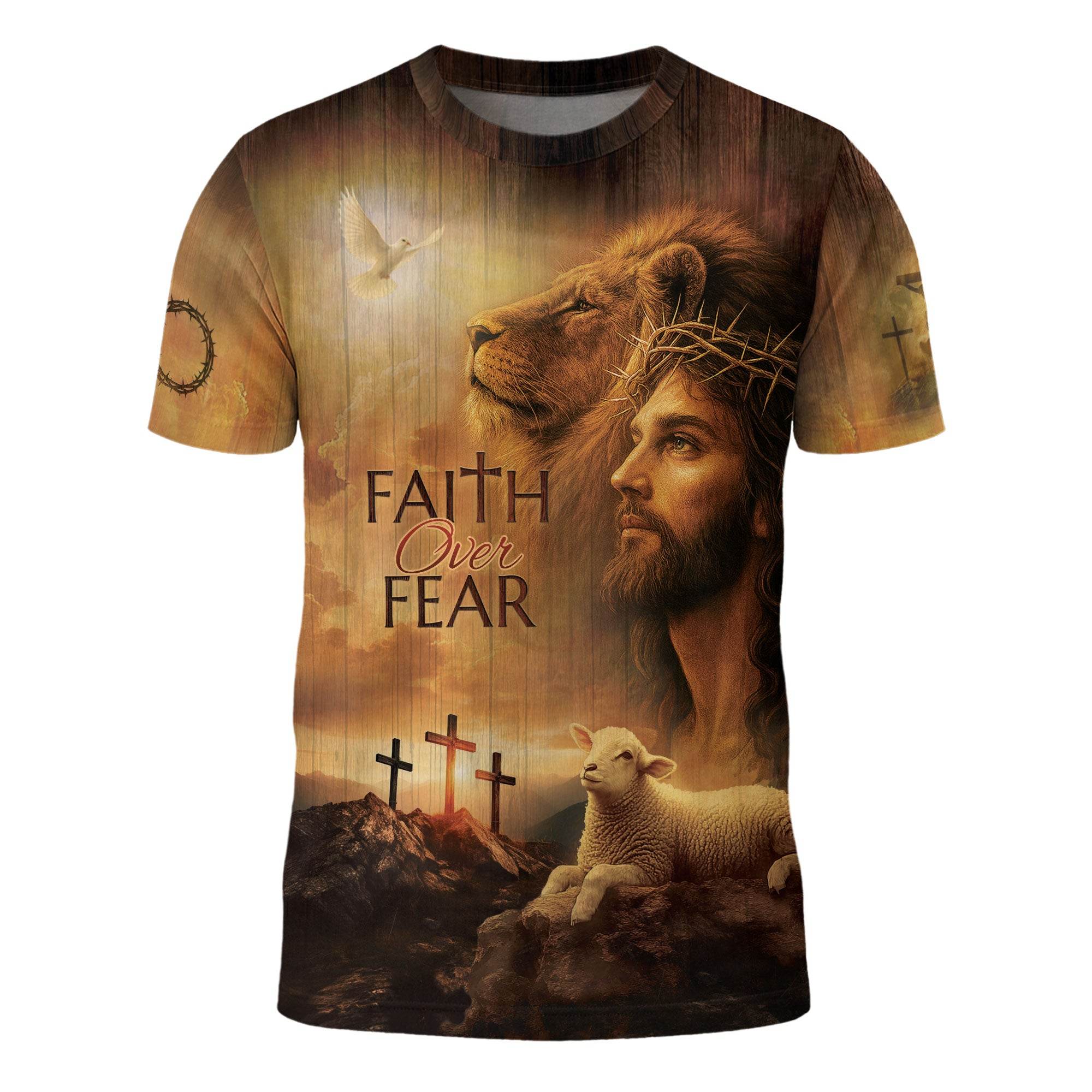 Faith Over Fear Lion, Jesus & Lamb T-Shirt - Rust Field Wear