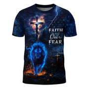 Faith Over Fear Blue Fire Lion And Crucifixion T-Shirt