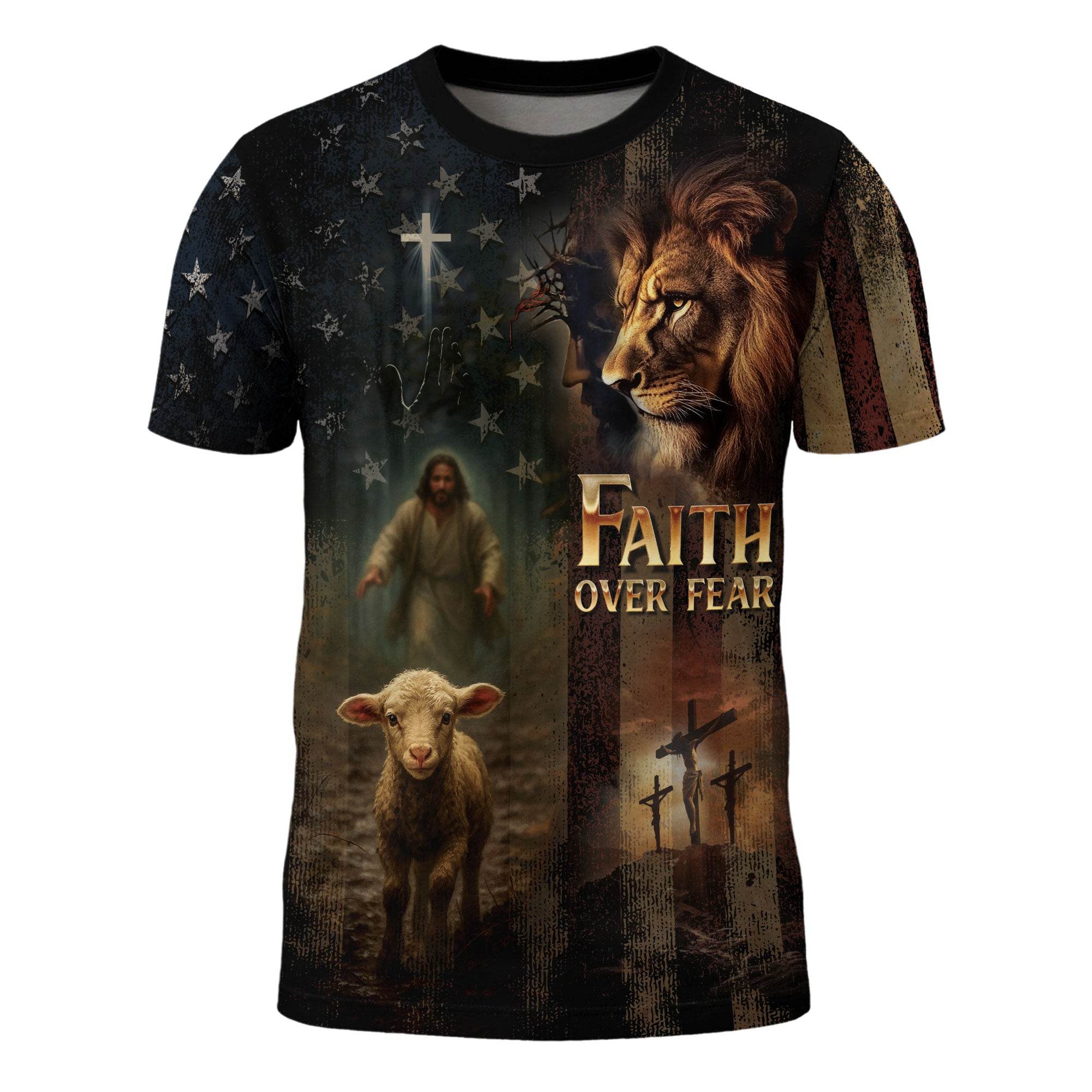 Faith Over Fear Lion & Lamb Christian Cross T-Shirt - Rust Field Wear