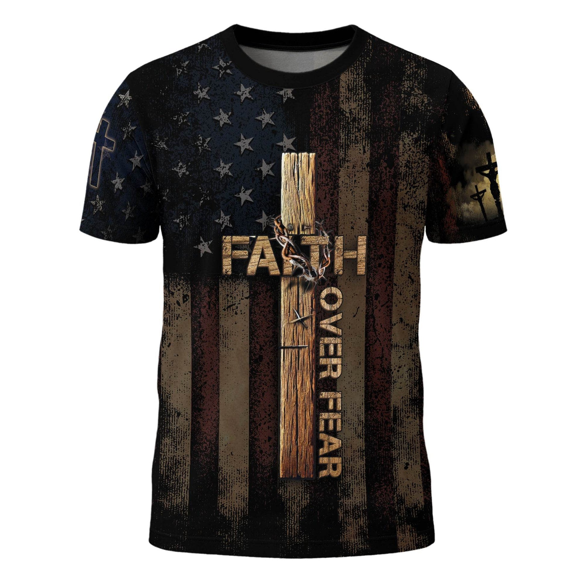 FAITH OVER FEAR | Cross & Crown of Thorns Patriotic Tee - Rust Field Wear