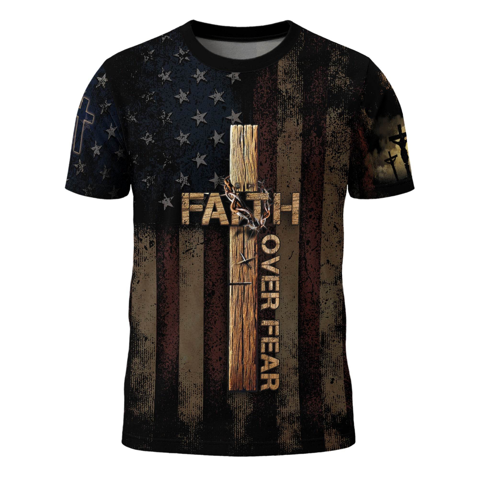 FAITH OVER FEAR | Cross & Crown of Thorns Patriotic Tee - Rust Field Wear
