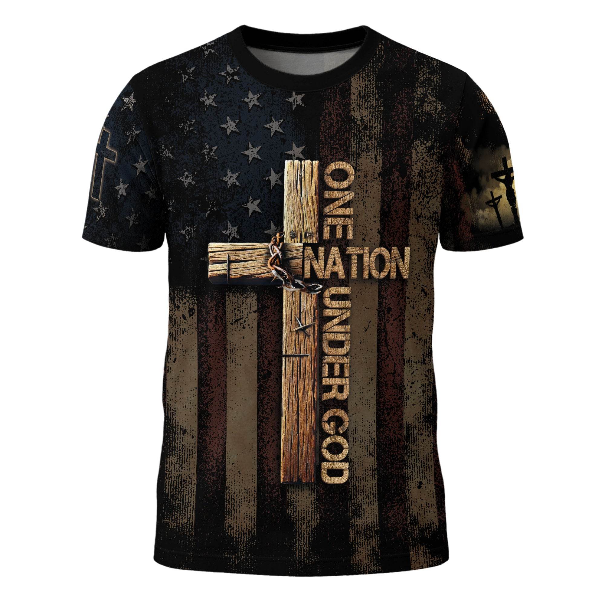 One Nation Under God | Rugged Cross & Crucified Savior Patriotic Tee - Rust Field Wear