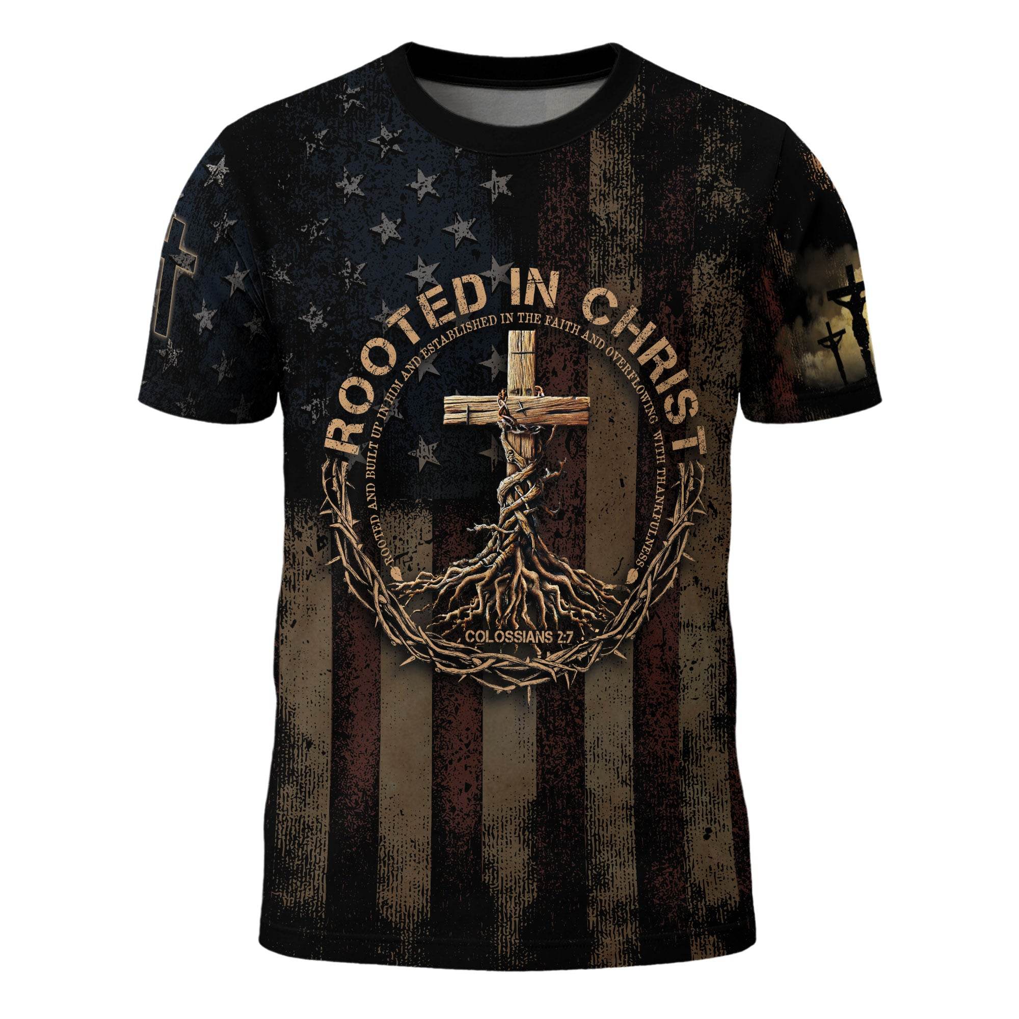 Rooted in Christ | Colossians 2:7 & Crown of Thorns Patriotic Tee - Rust Field Wear