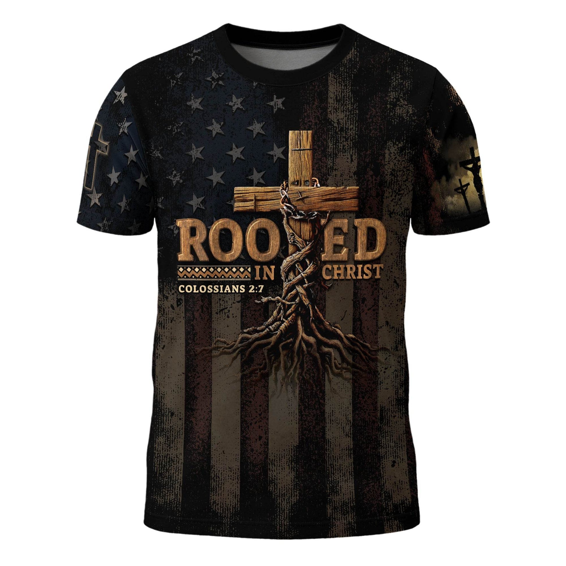 Rooted in Christ | Colossians 2:7 Cross & Vine Christian Patriot Tee - Rust Field Wear
