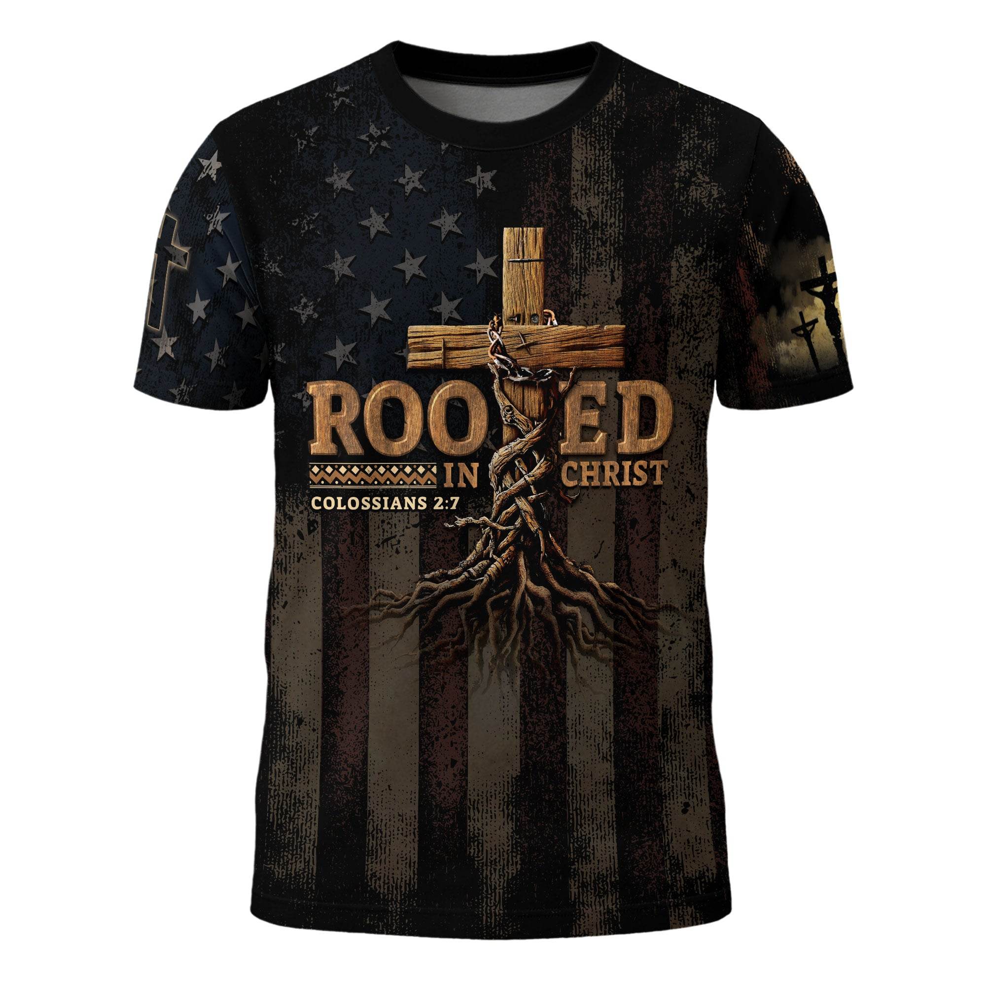 Rooted in Christ | Colossians 2:7 Cross & Vine Christian Patriot Tee - Rust Field Wear