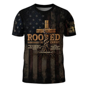 Rooted in Christ | Full Colossians 2:7 Cross & American Flag Tee - Rust Field Wear