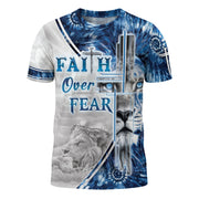 Faith Over Fear & Jesus Lion Cross T-Shirt – Christian Courage in Blue