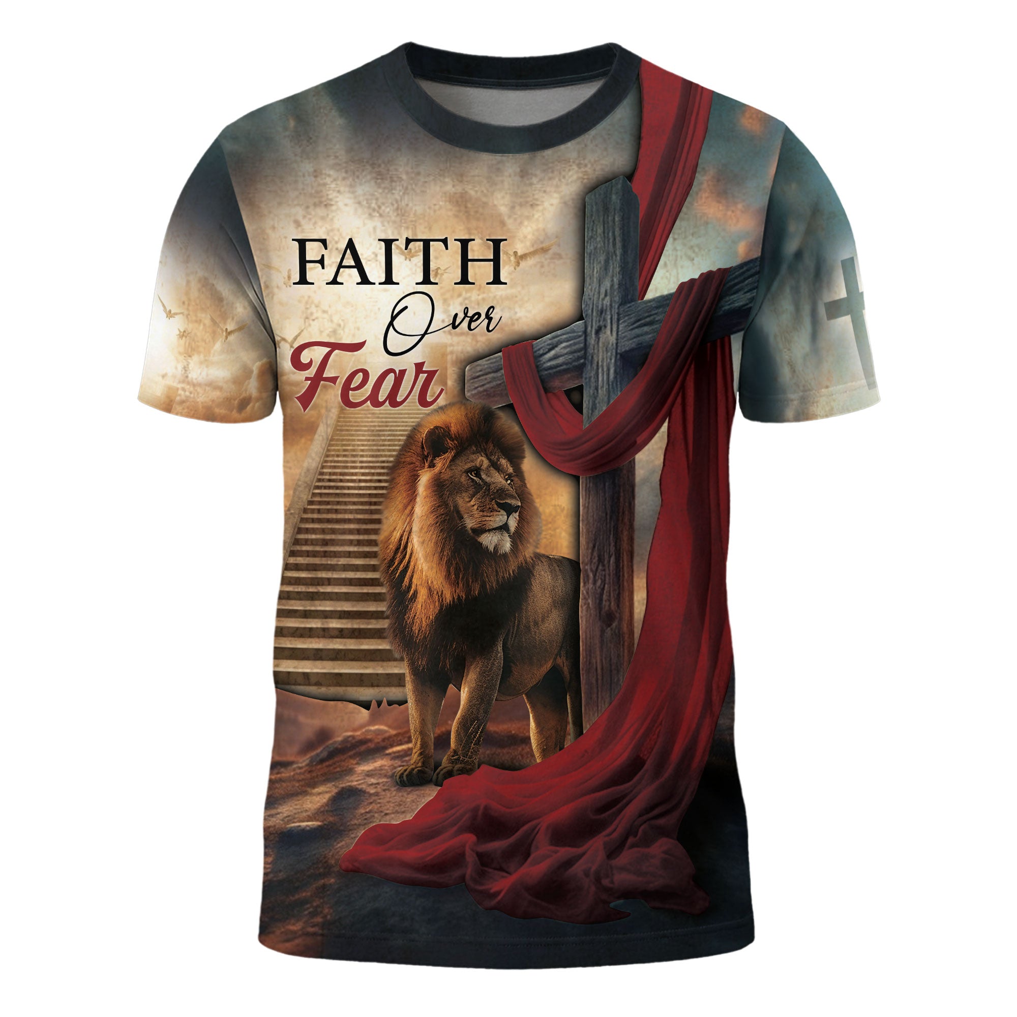 Faith Over Fear with Cross and Lion Draped in Red Robe – Christian T-Shirt
