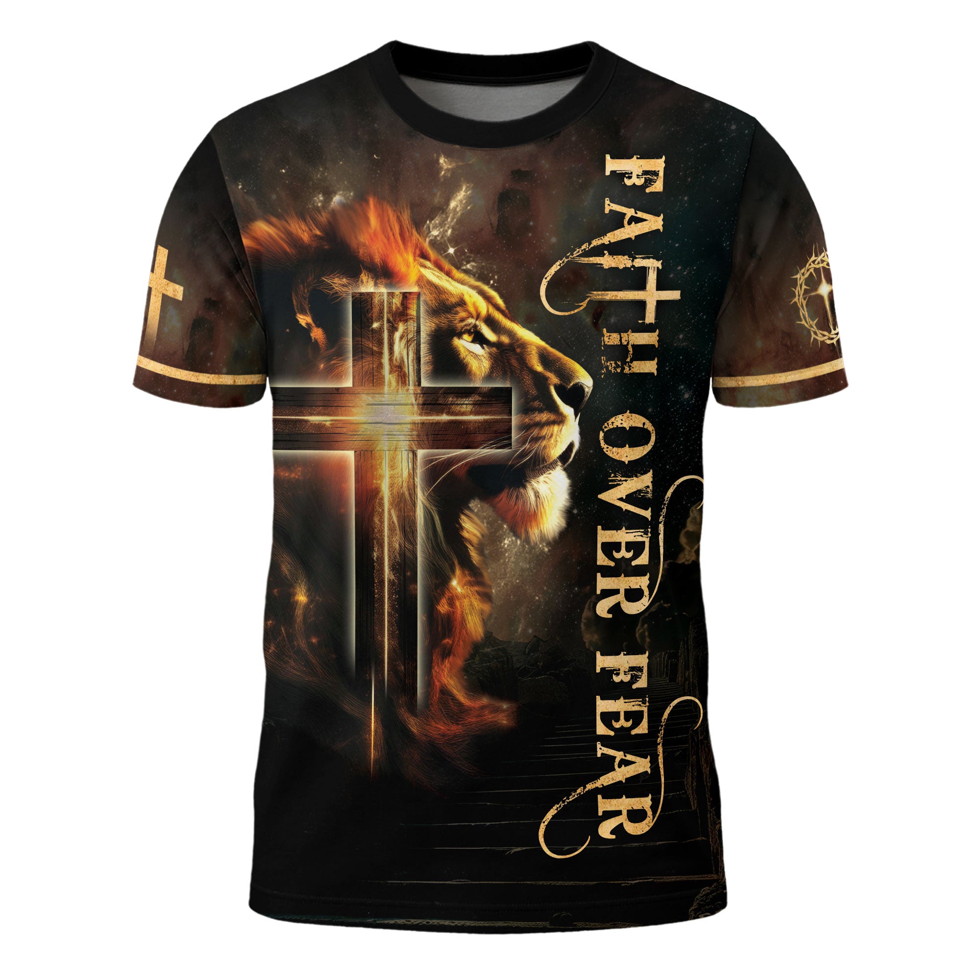 Faith Over Fear with Fiery Lion & Glowing Cross – Christian T-Shirt