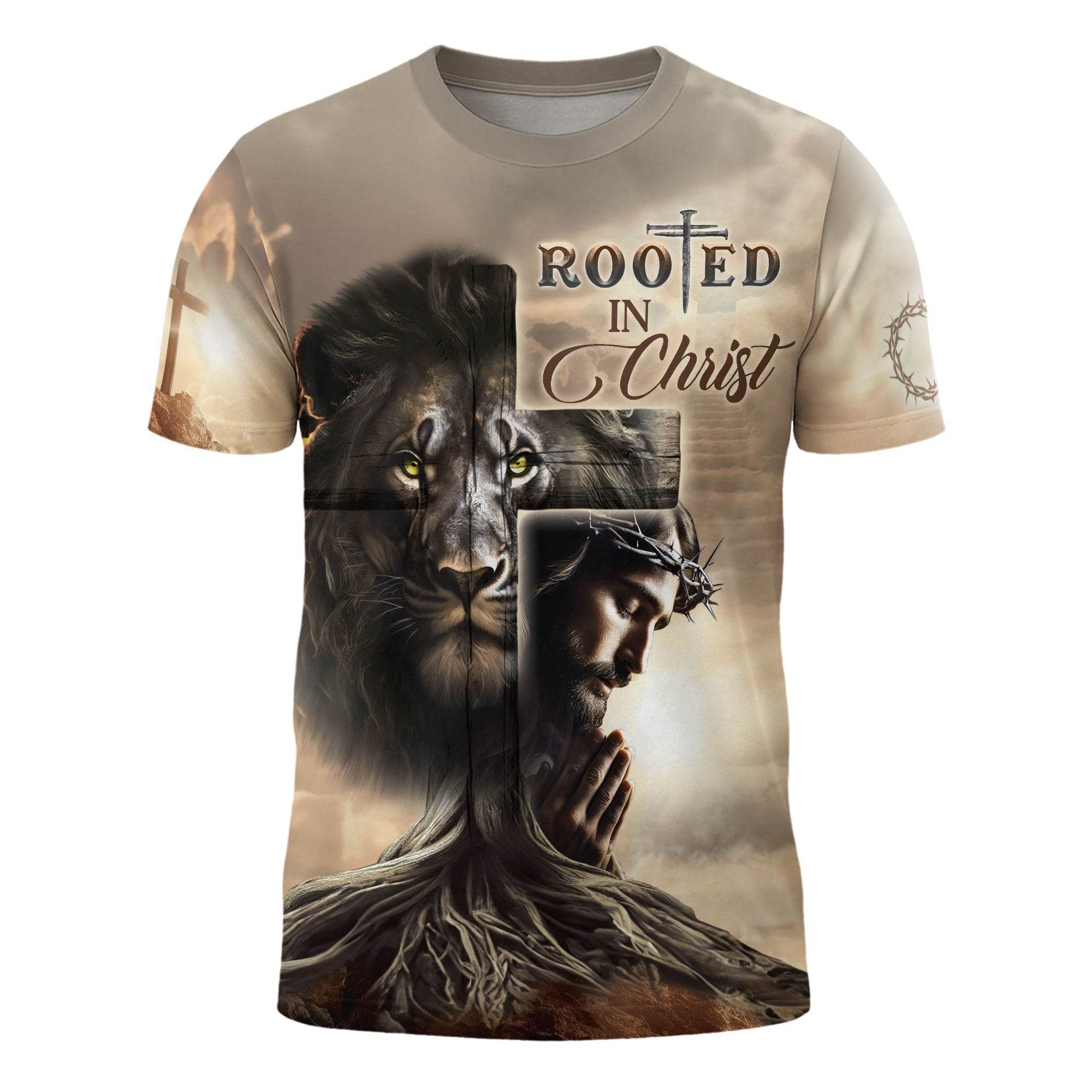 Rooted In Christ Lion And Savior In The Cross T-Shirt - Rust Field Wear