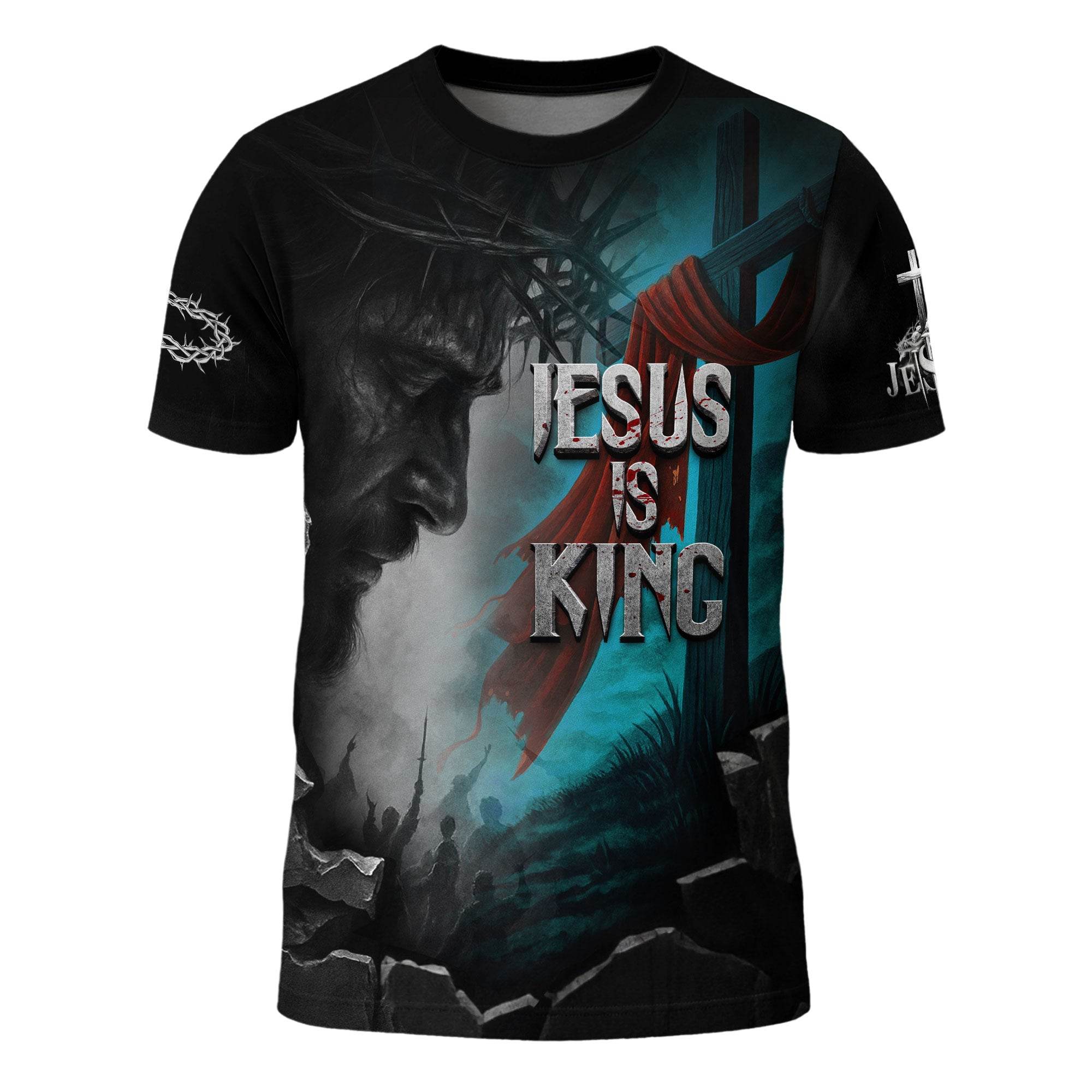 Jesus Is King Lion & Cross Storm Design T-Shirt - Rust Field Wear