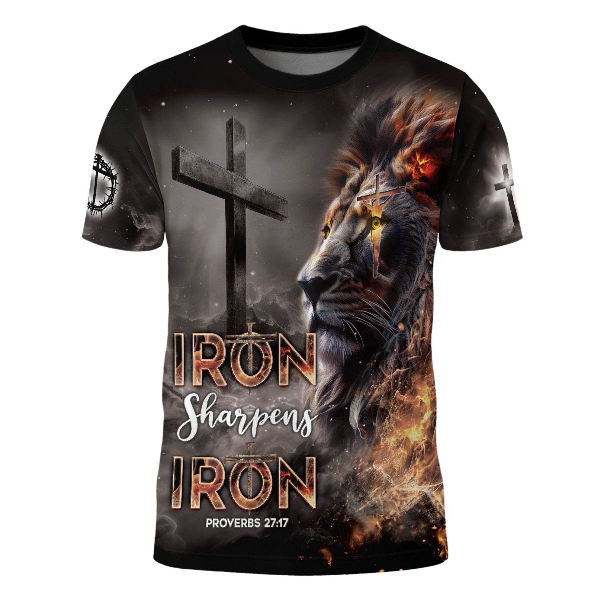 Iron Sharpens Iron Fiery Lion Cross Christian T-Shirt - Rust Field Wear