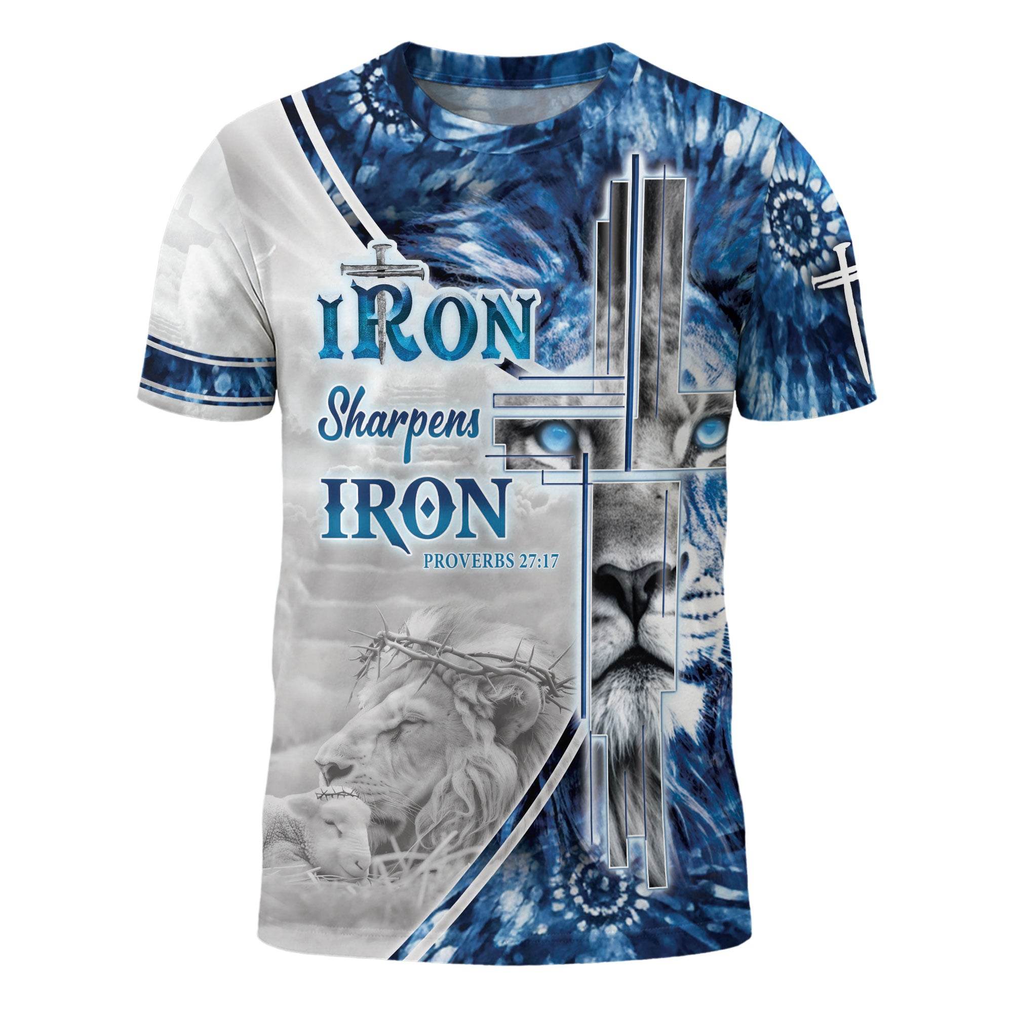 Iron Sharpens Iron Blue Lion Cross Christian T-Shirt - Rust Field Wear
