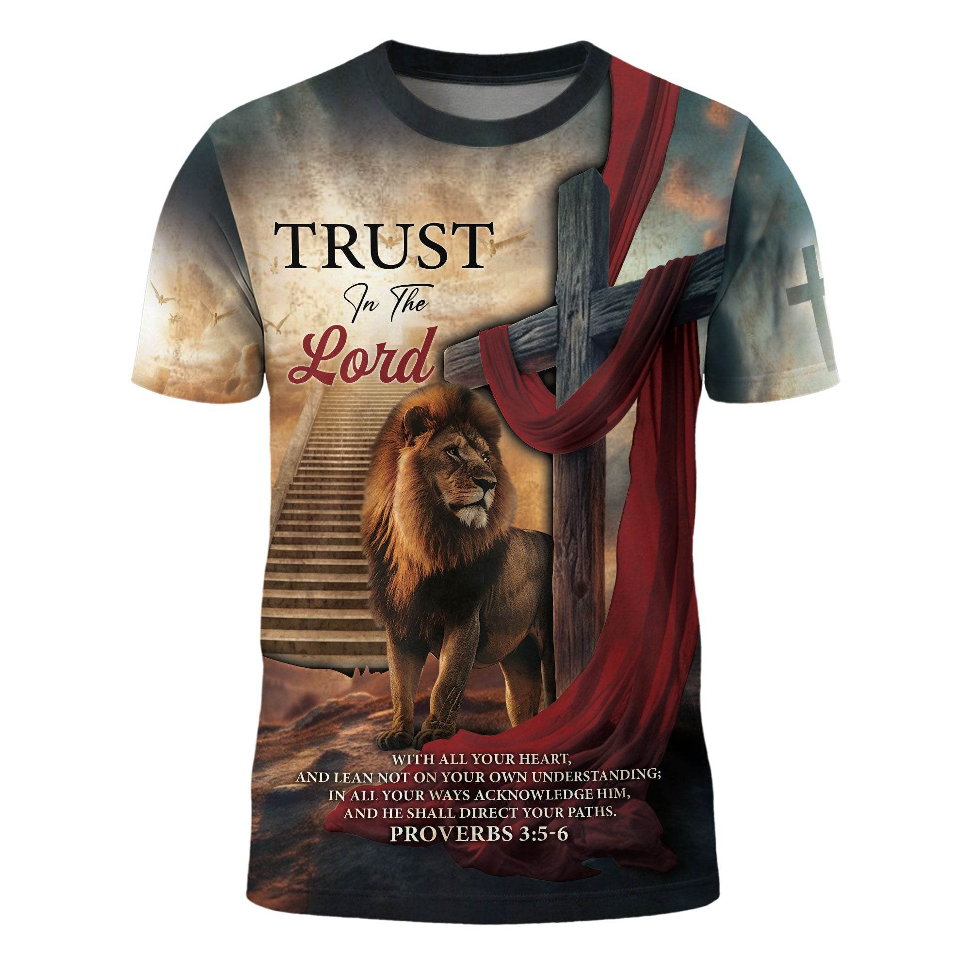 Trust In The Lord Majestic Lion And Red Sash Cross T-Shirt - Rust Field Wear