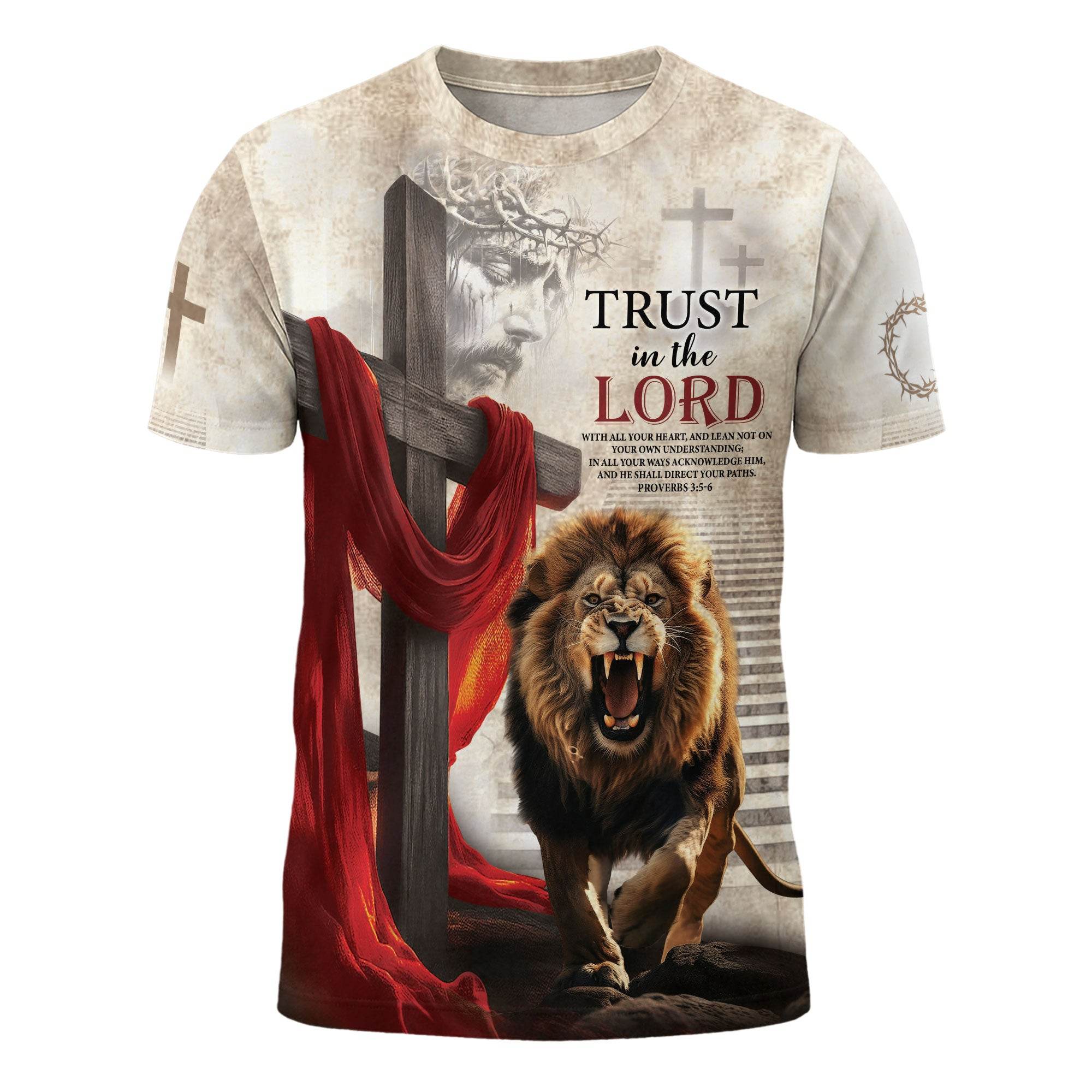 Trust in the Lord Proverbs 3:5-6 Lion & Cross Christian T-Shirt - Rust Field Wear