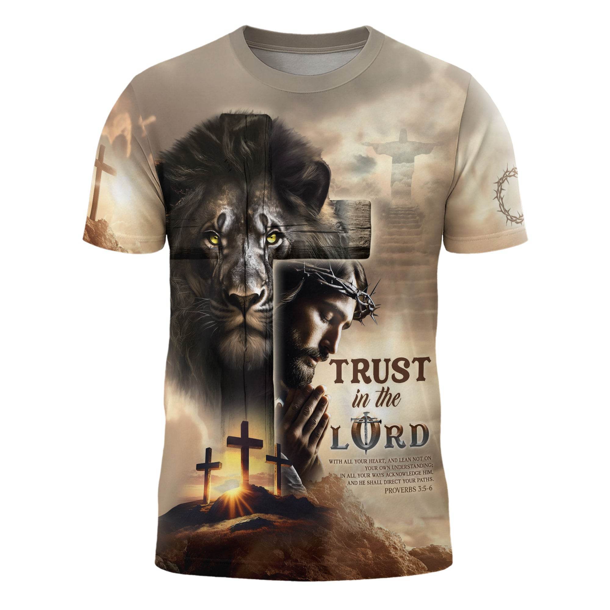 Trust in the Lord Proverbs 3:5-6 Resurrection Cross & Lion Christian T-Shirt - Rust Field Wear