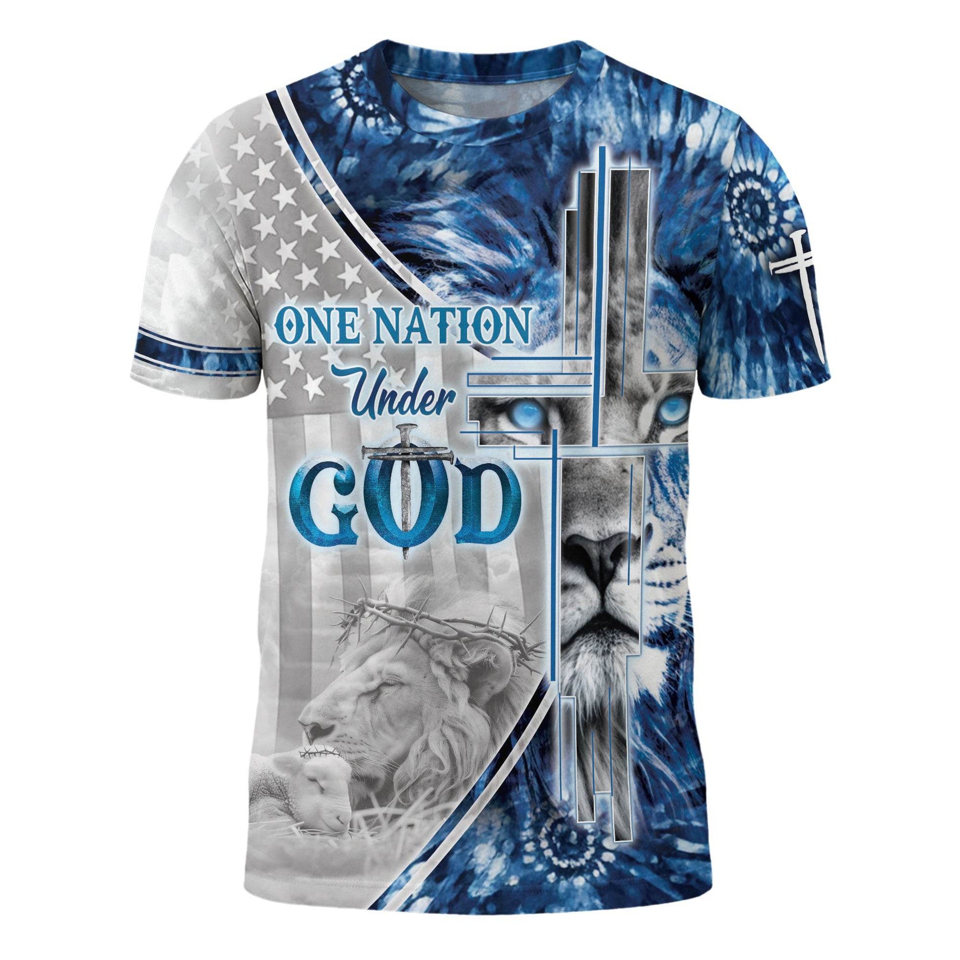 One Nation Under God Blue Lion Cross Christian T-Shirt - Rust Field Wear