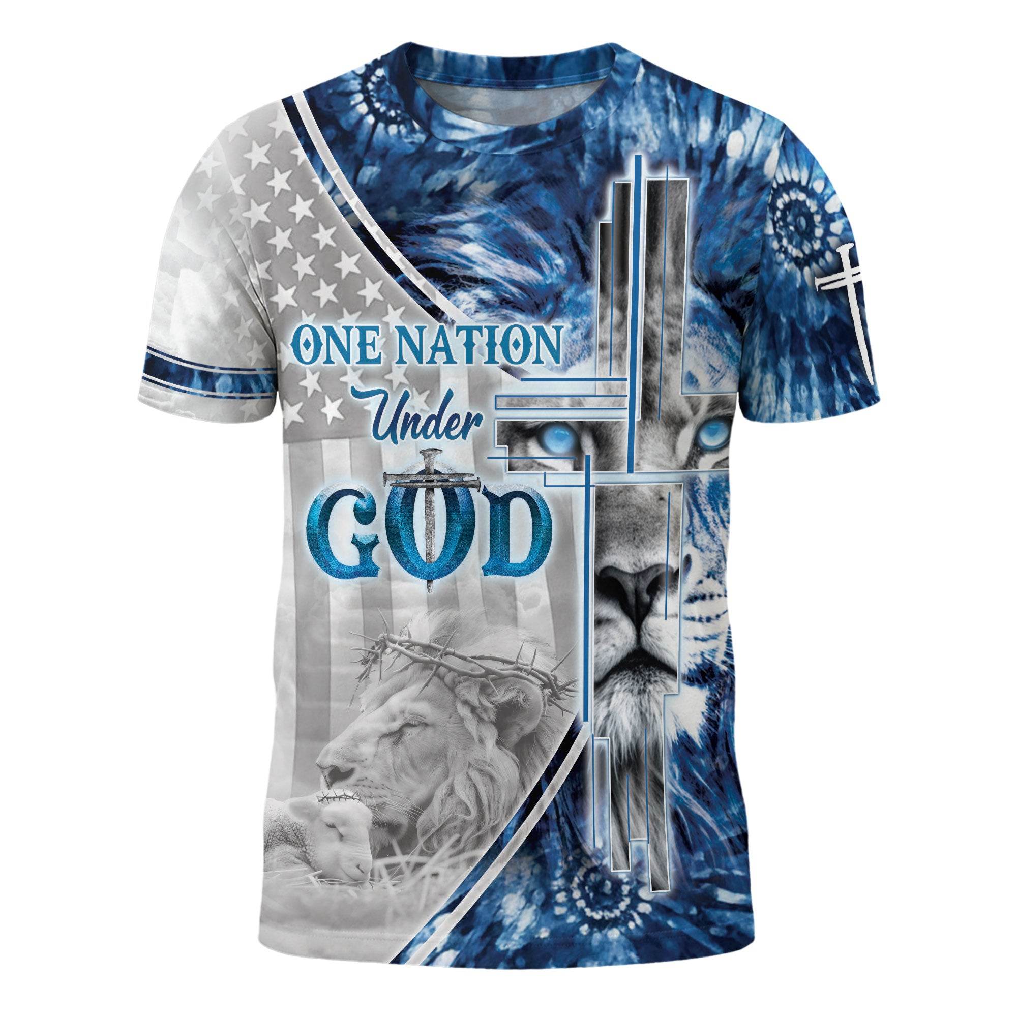 One Nation Under God Blue Lion Cross Christian T-Shirt - Rust Field Wear