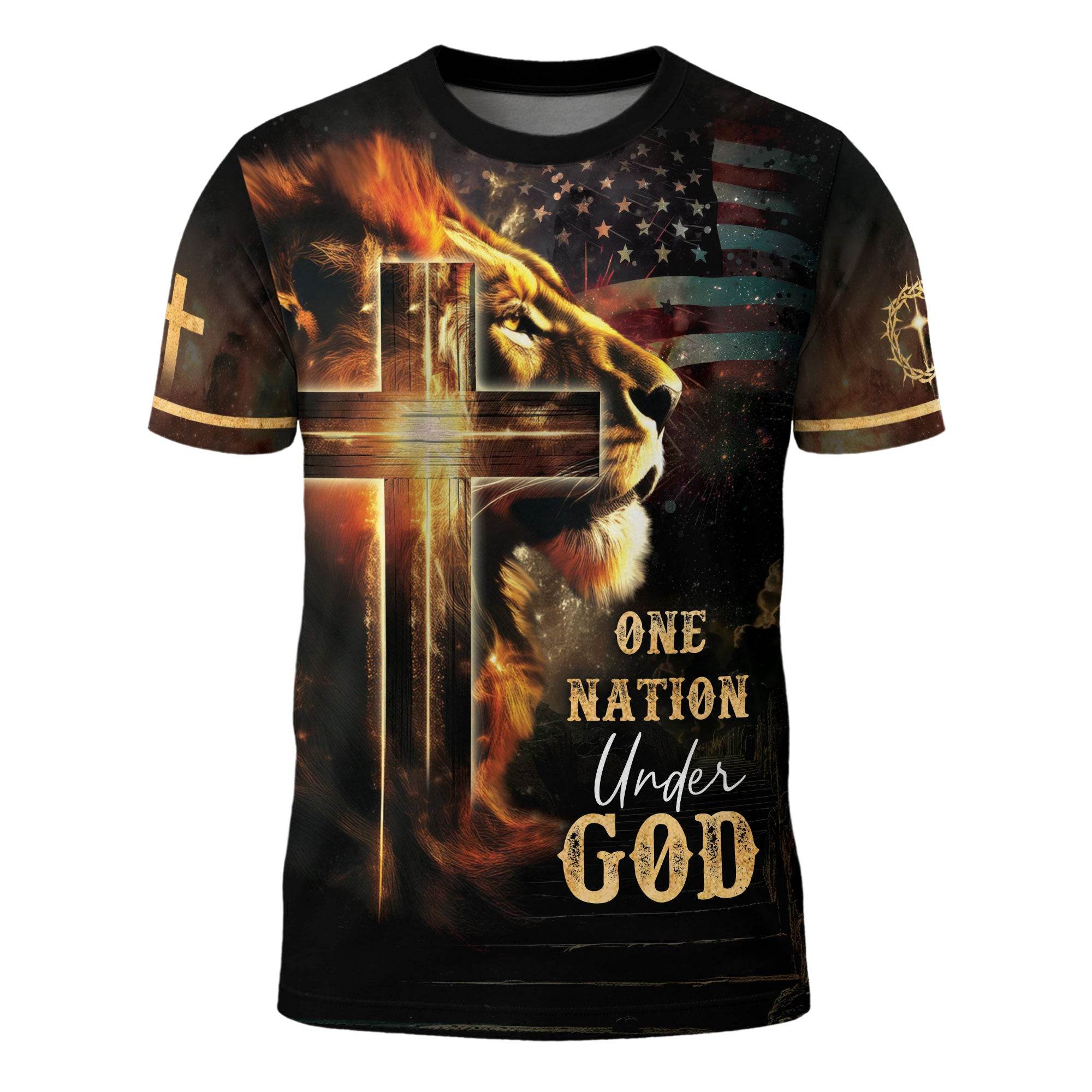 One Nation Under God Lion Cross American Flag T-Shirt - Rust Field Wear