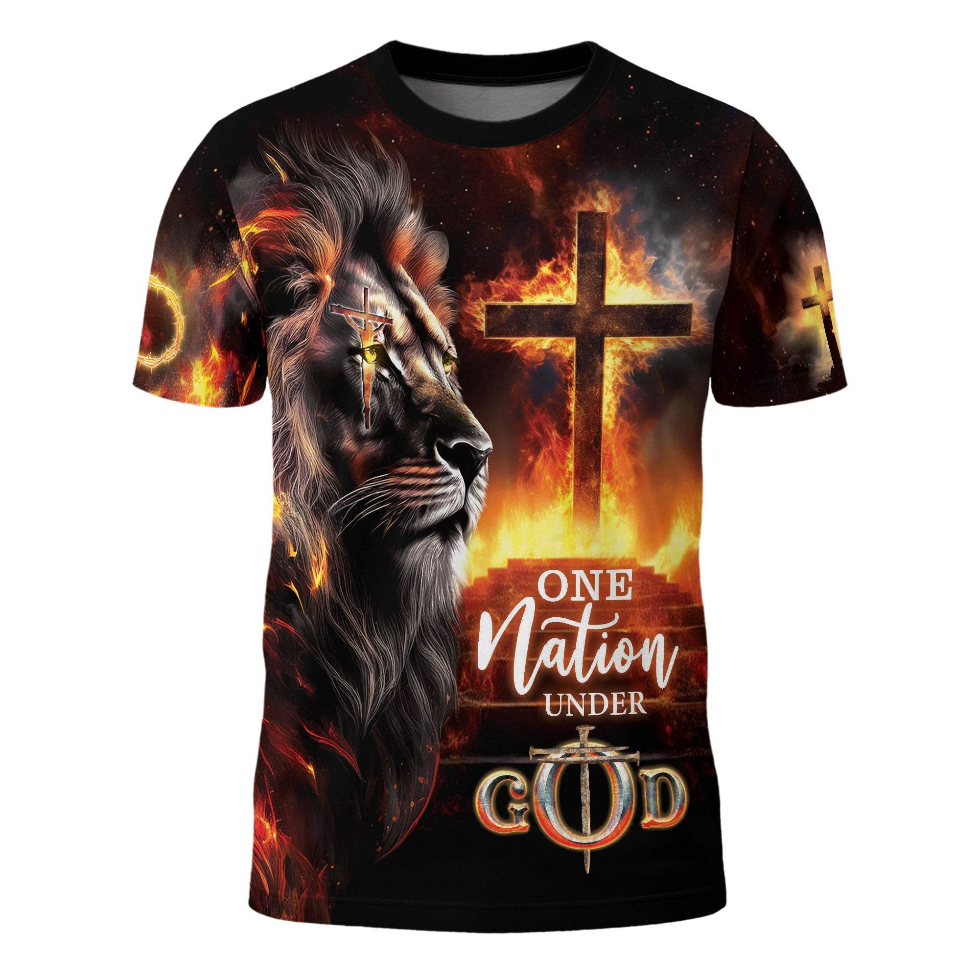One Nation Under God Fire Cross Lion Christian T-Shirt - Rust Field Wear