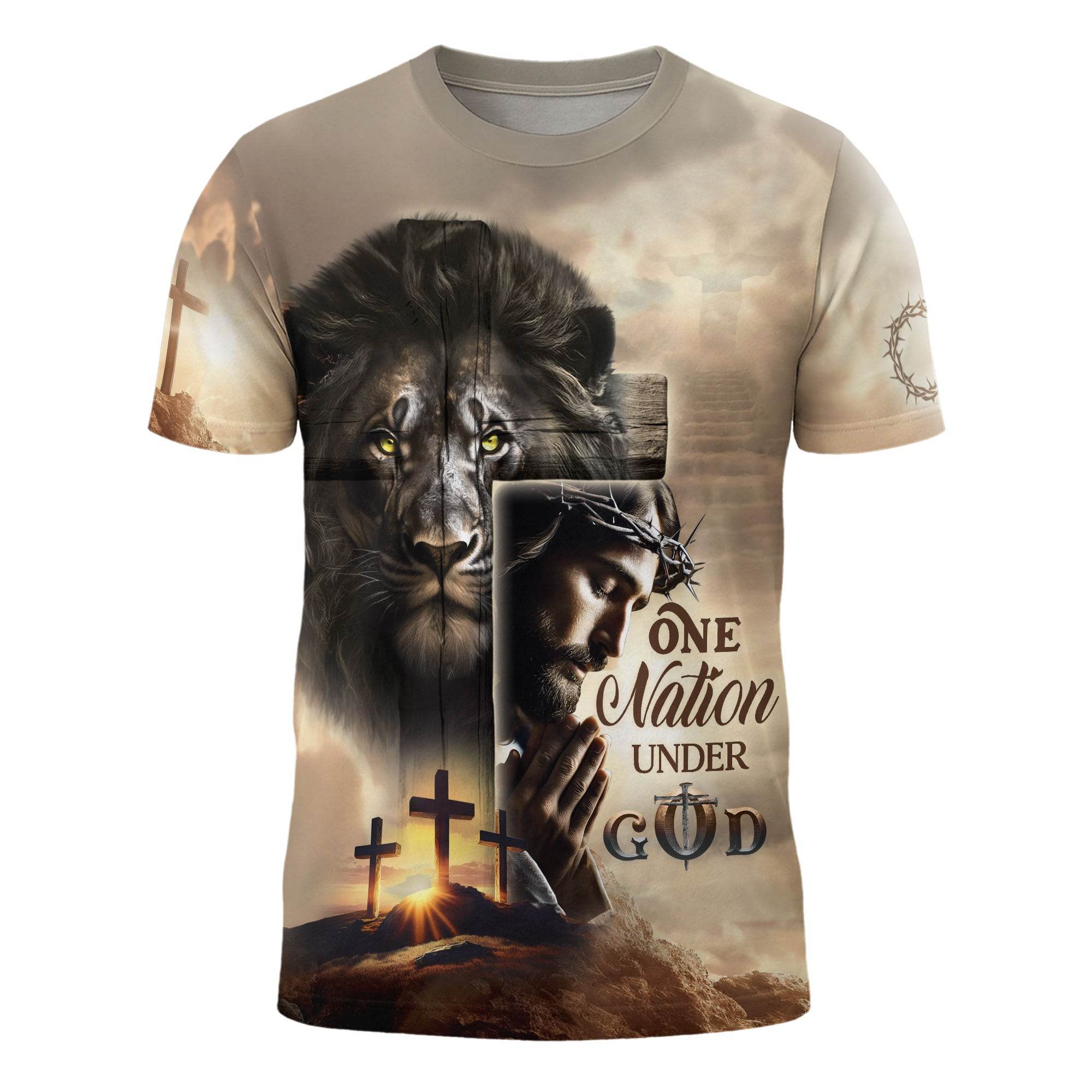 One Nation Under God Sunrise Lion Cross Christian T-Shirt - Rust Field Wear