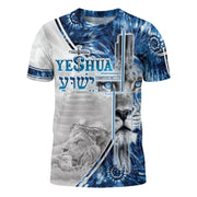 Yeshua Jesus Lion & Lamb Heavenly Blue Cross Christian T-Shirt - Rust Field Wear