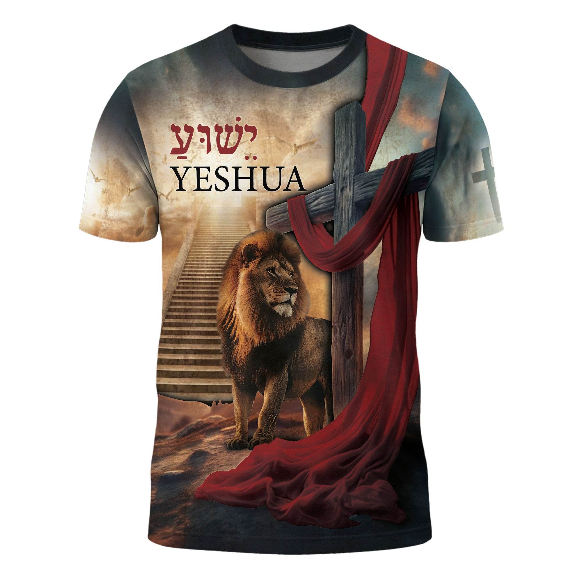 Yeshua Lion of Judah with Cross & Red Cloth Christian T-Shirt - Rust Field Wear