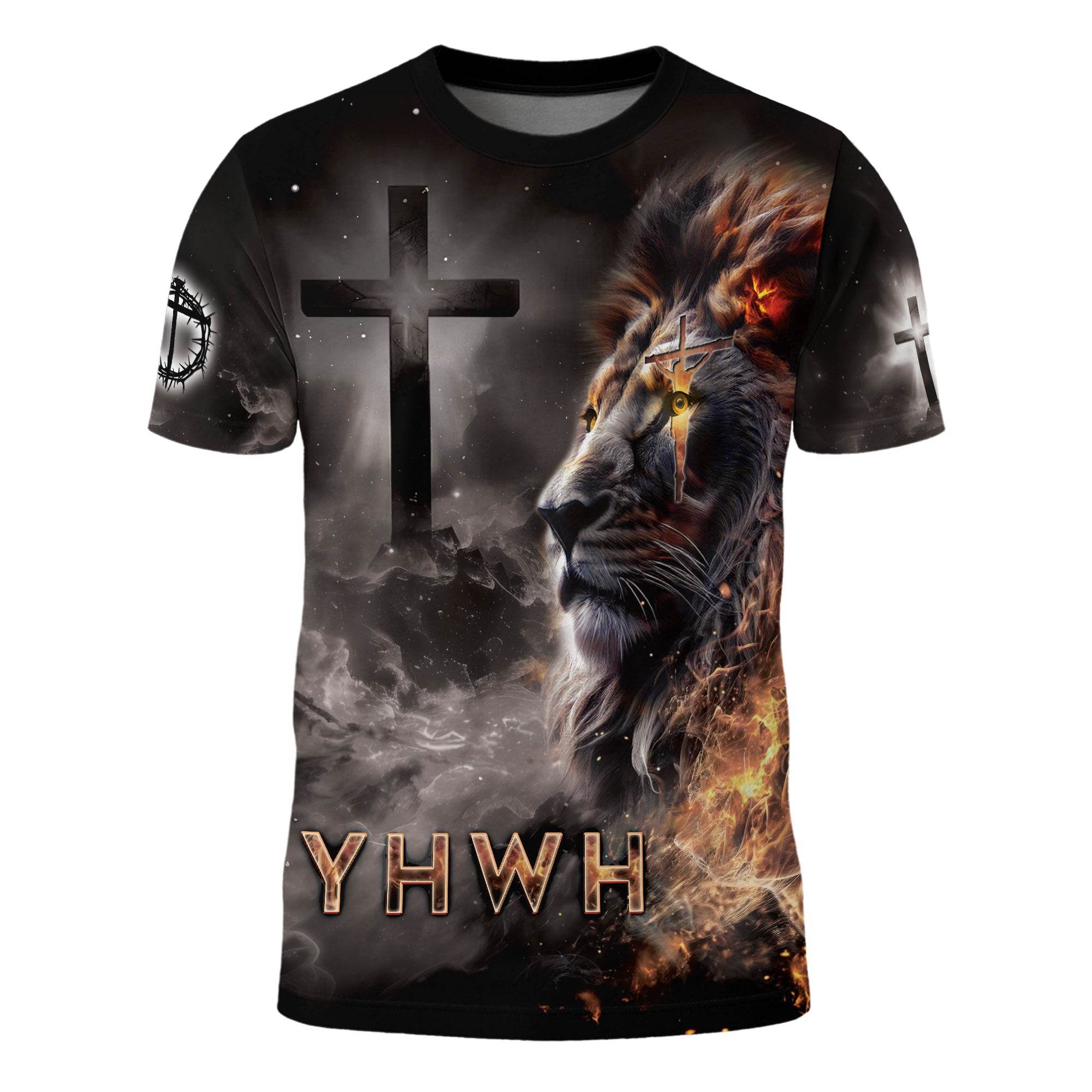 YHWH Lion of Judah & Fiery Cross Christian T-Shirt - Rust Field Wear