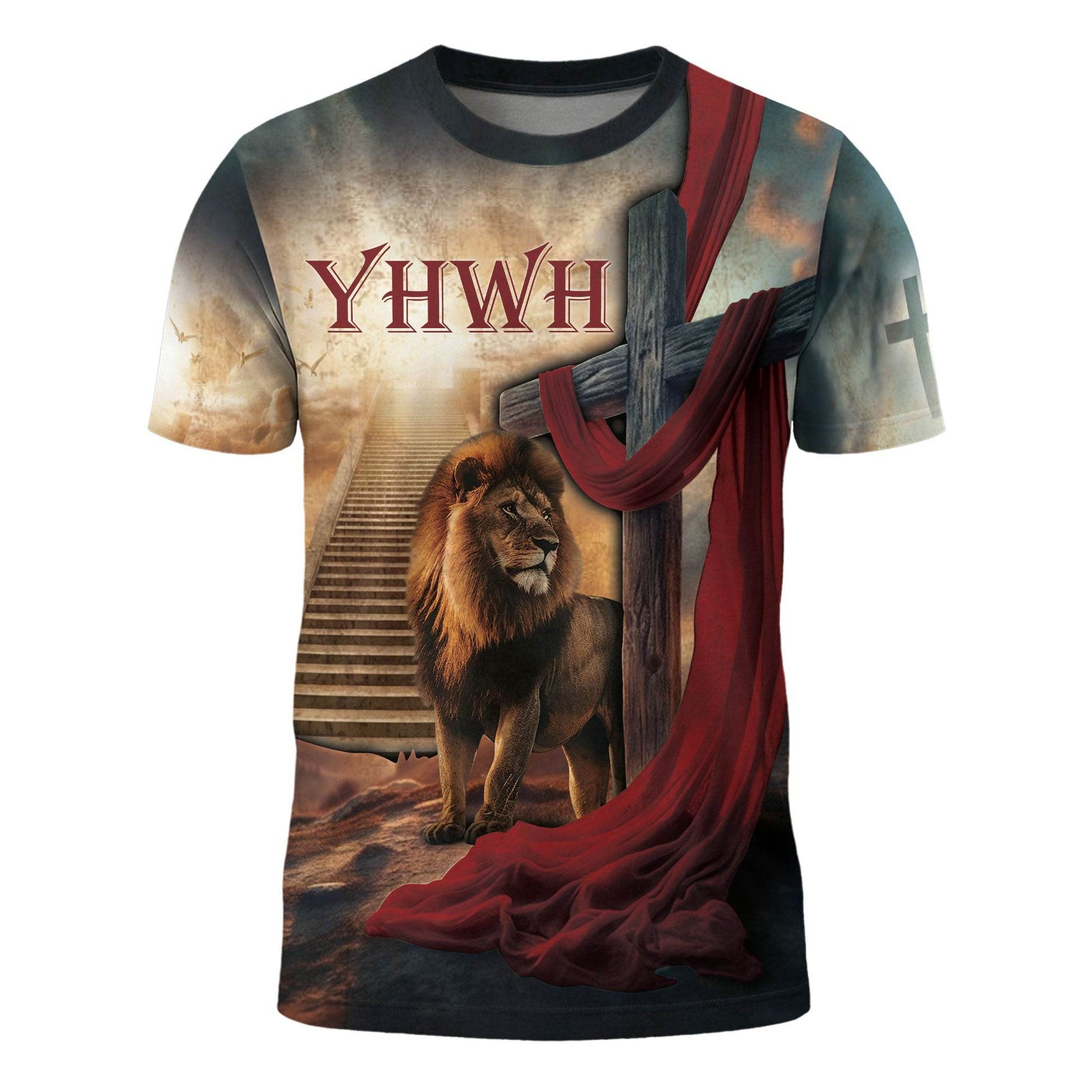YHWH Lion & Cross Stairway to Heaven Christian T-Shirt - Rust Field Wear