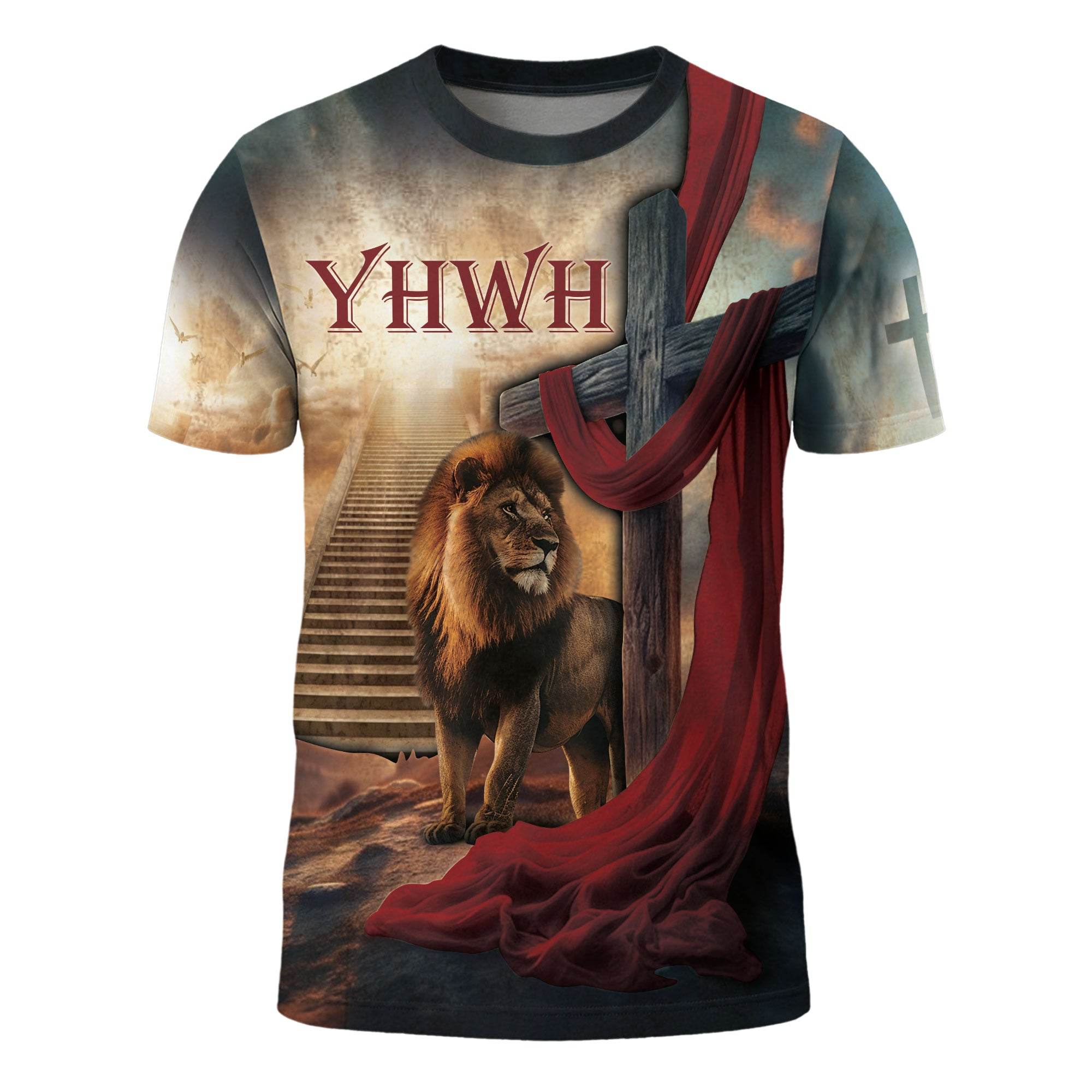 YHWH Lion & Cross Stairway to Heaven Christian T-Shirt - Rust Field Wear